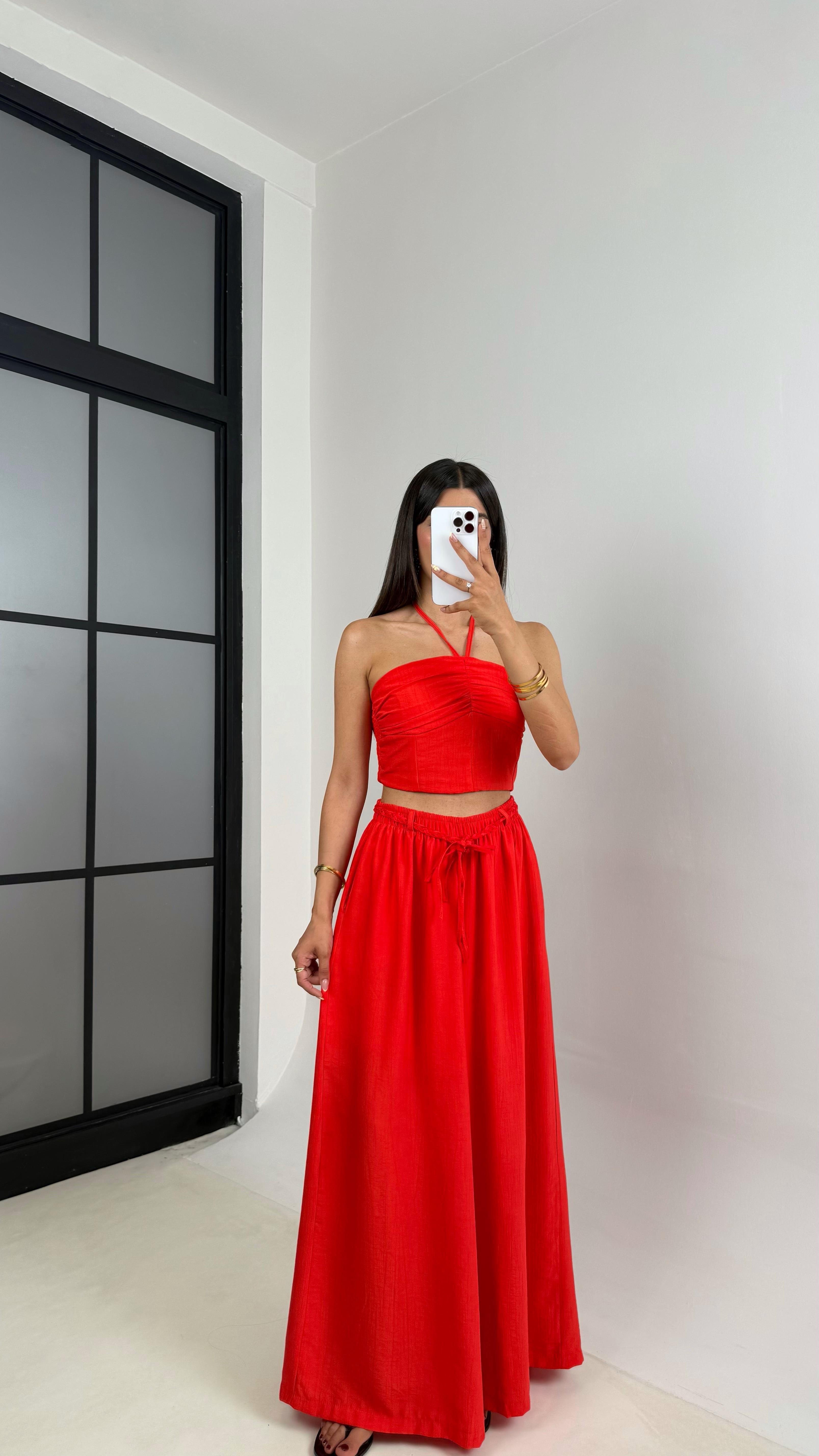 Kırmızı Boyundan Bağlamalı Beli Lastikli Crop Kuşaklı Cepli Pantolon Çilek Kumaş Takım Gaus00659GausTAKIMGU1002524