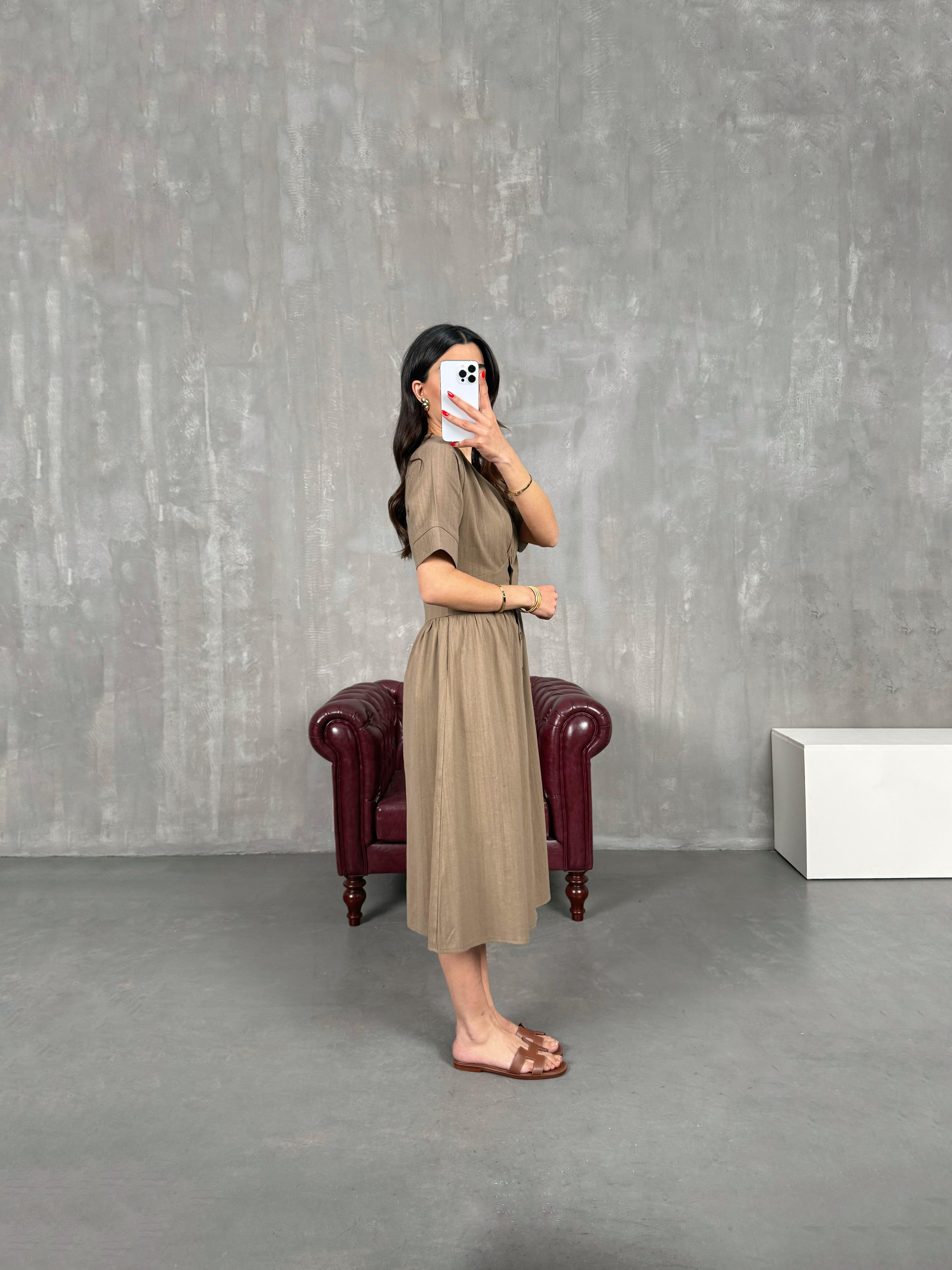 Kahve V Yaka Düğmeli Keten Elbise Gaus00169GausELBİSEGU1001391