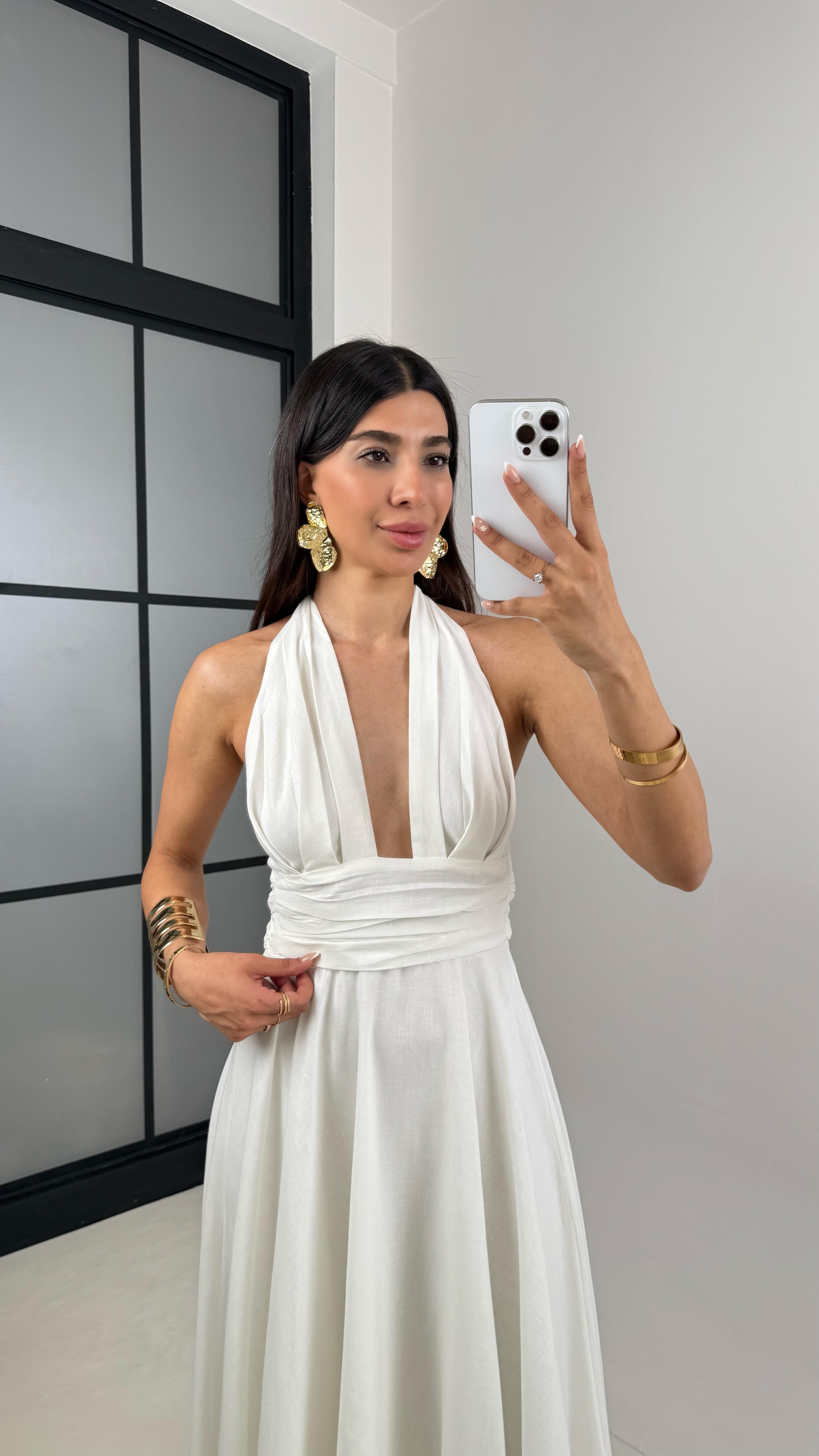 Beyaz Boyundan Bağlamalı Astarlı Keten Elbise Gaus00627GausELBİSEGU1002465