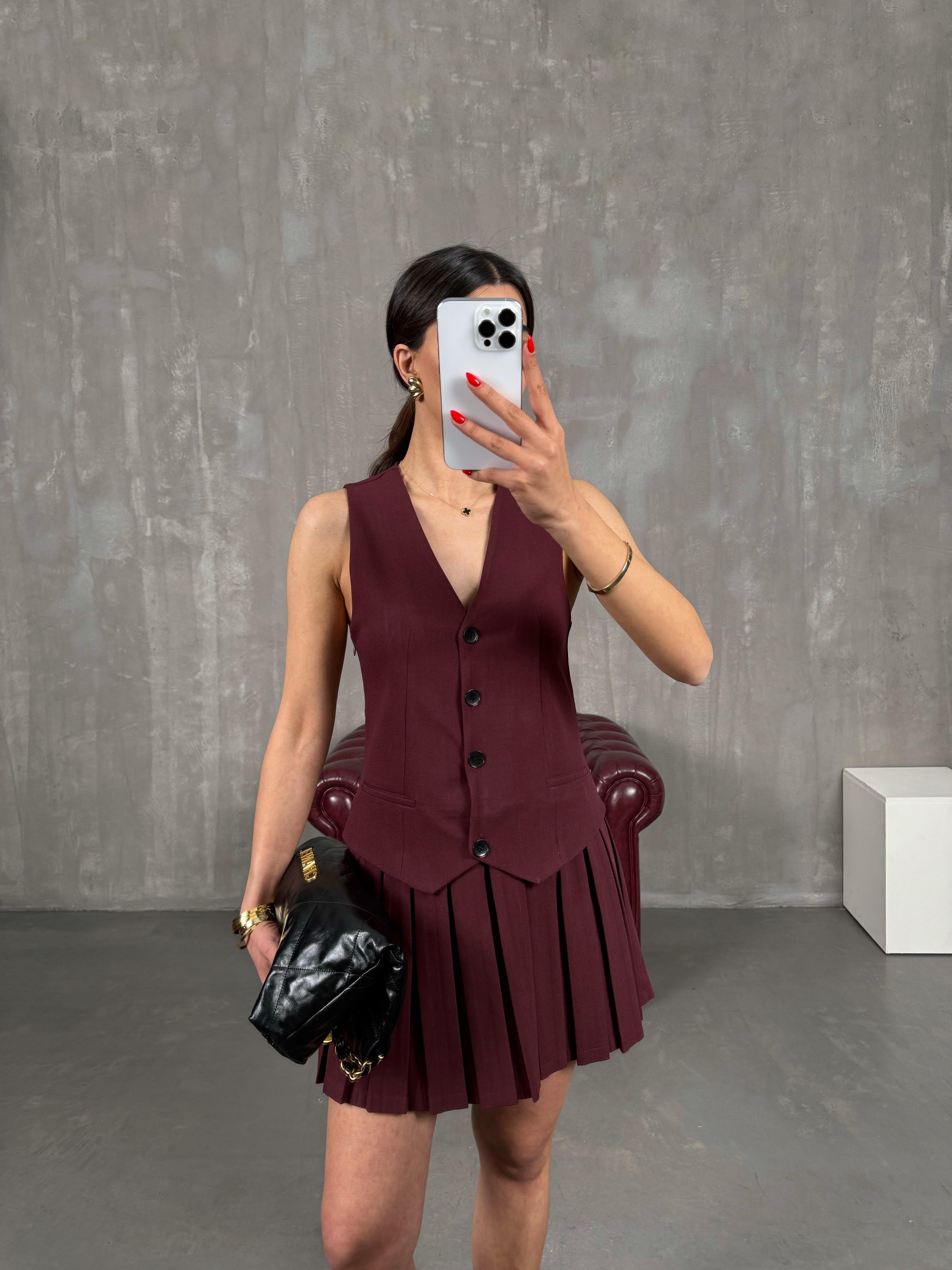 Bordo Yelekli Pileli Muadil Elbise Gaus00166GausELBİSEGU1001385