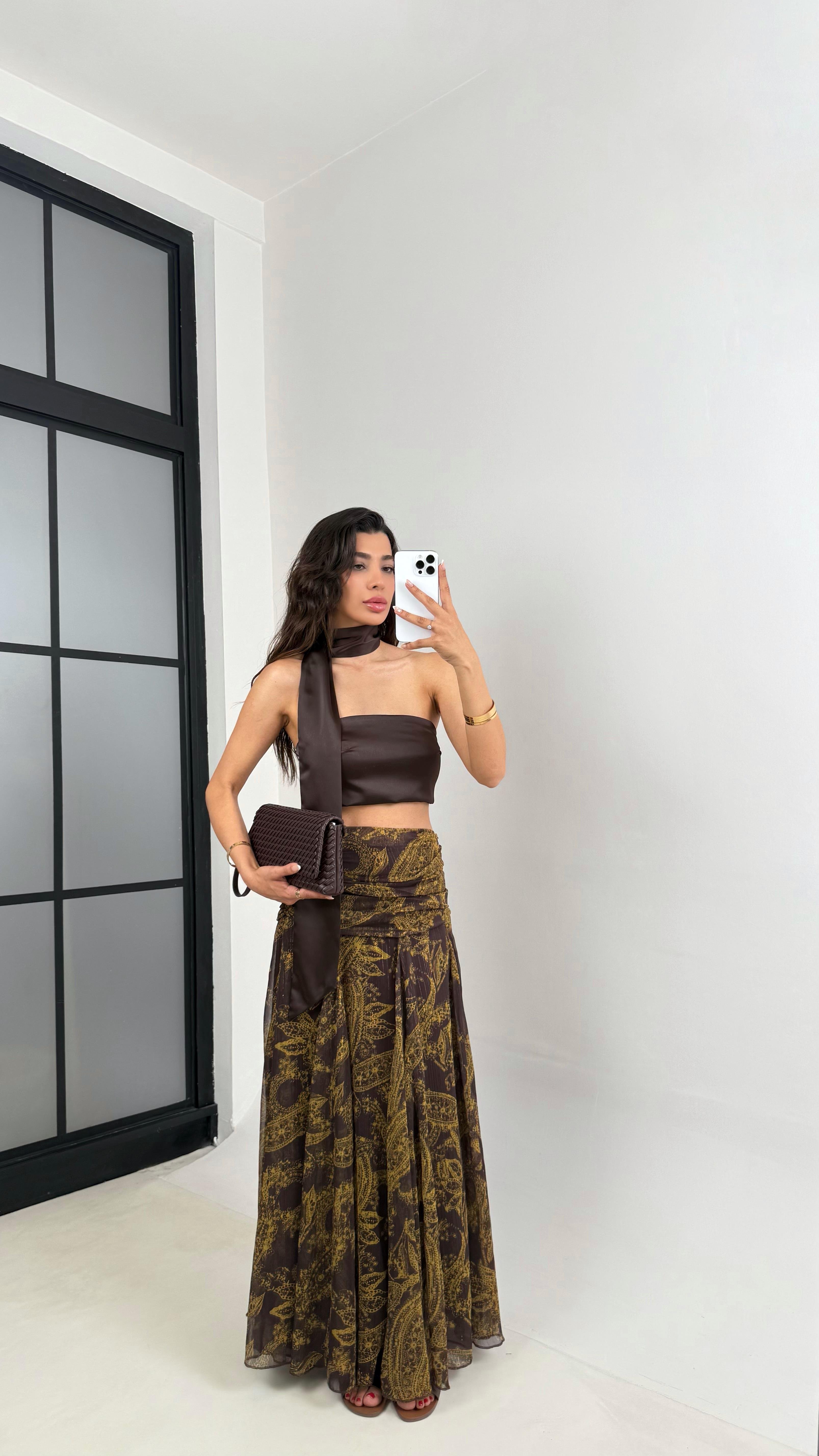 Kahve Gold Desenli Drape Detaylı Astarlı Tasarım Etek Gaus00634GausETEKGU1002478