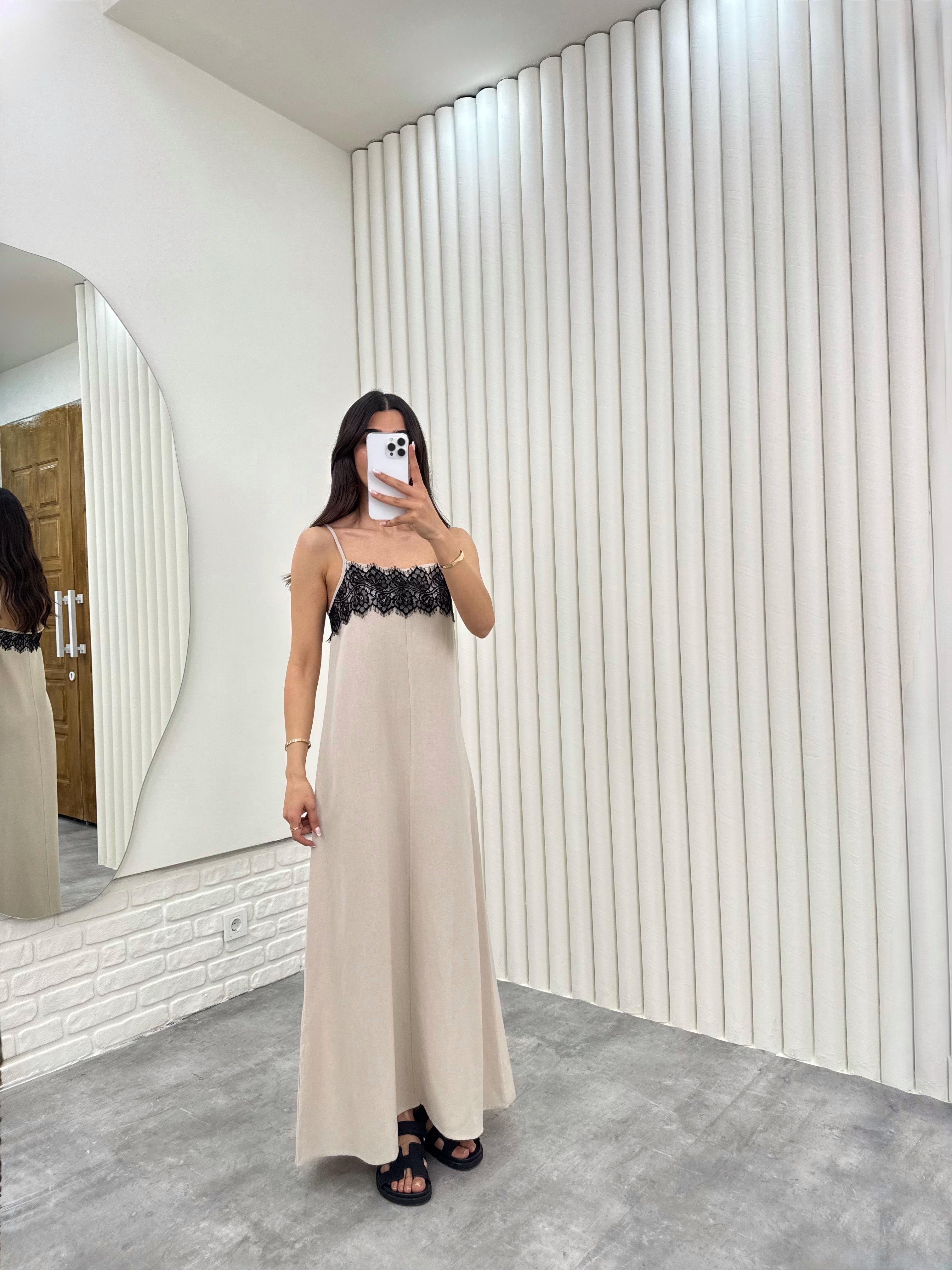 Taş Ayarlanabilir Askılı Dantel İşlemeli MD Muadil Keten Elbise Gaus00294GausELBİSEGU1001679