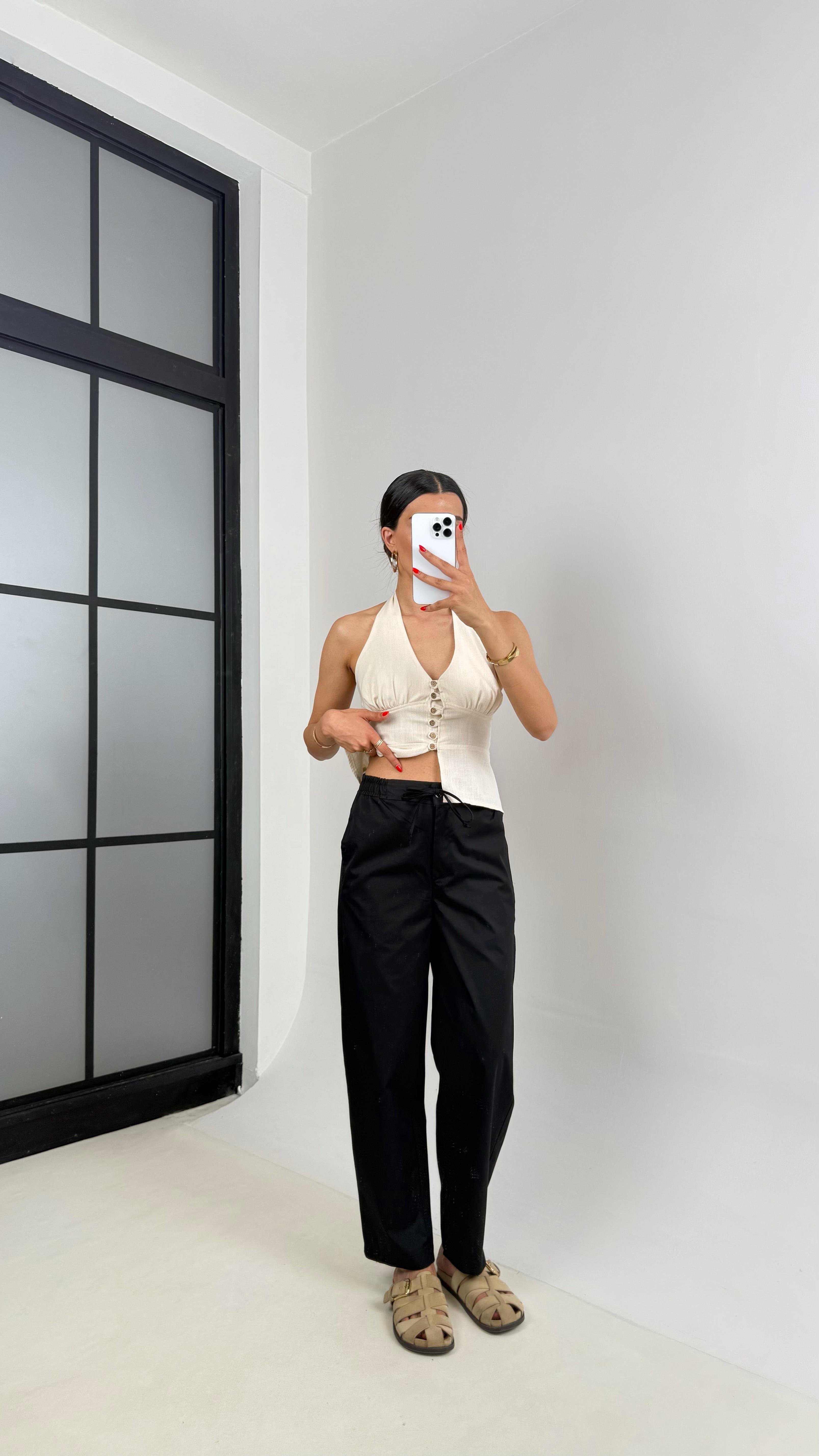 Siyah Beli Lastikli Bağlamalı Cepli Muadil Pantolon Gaus00506 GausPANTOLONGU1002189