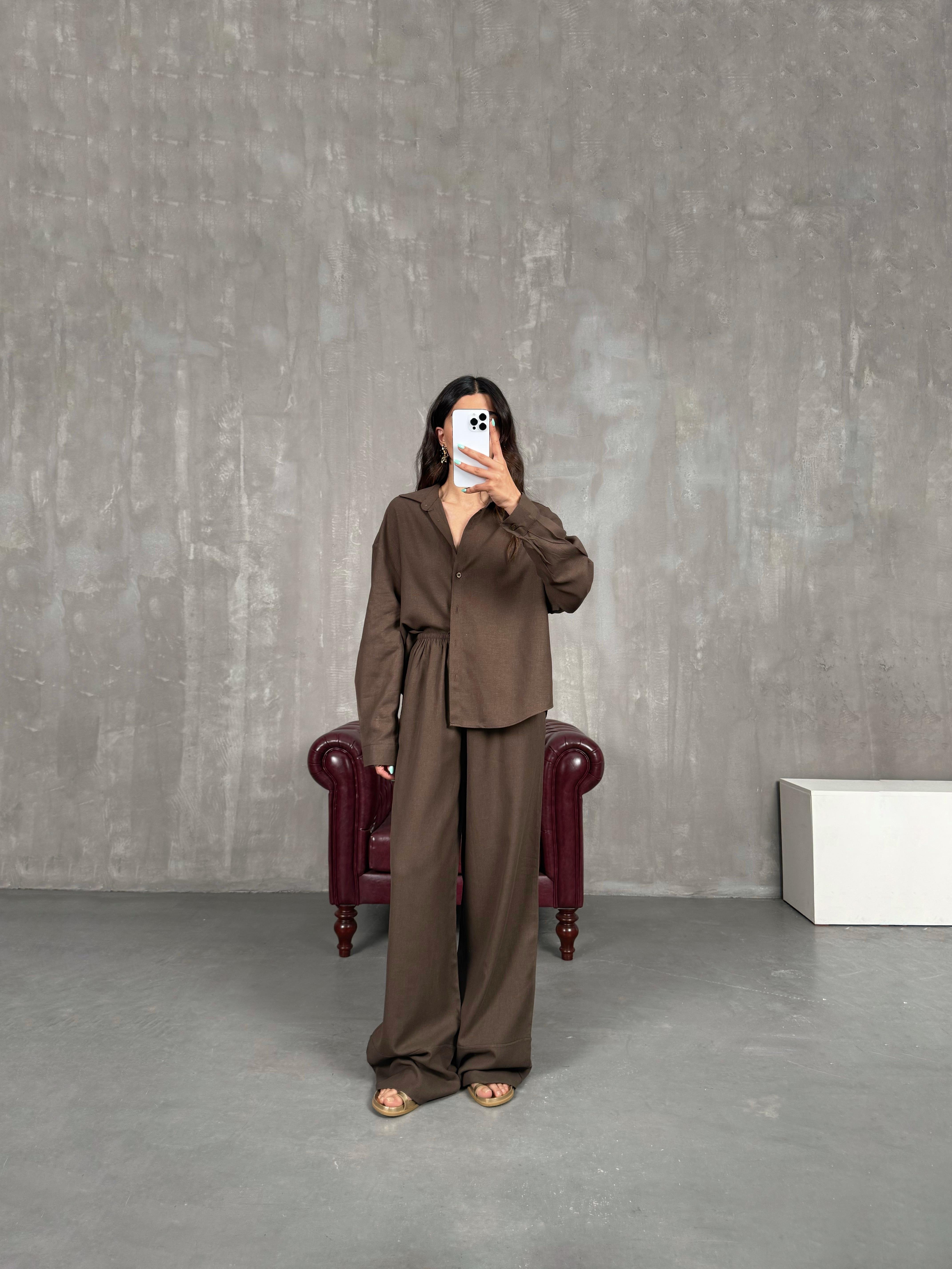 Acı Kahve Beli Lastikli Keten Takım Gaus00224GausTAKIMGU1001517