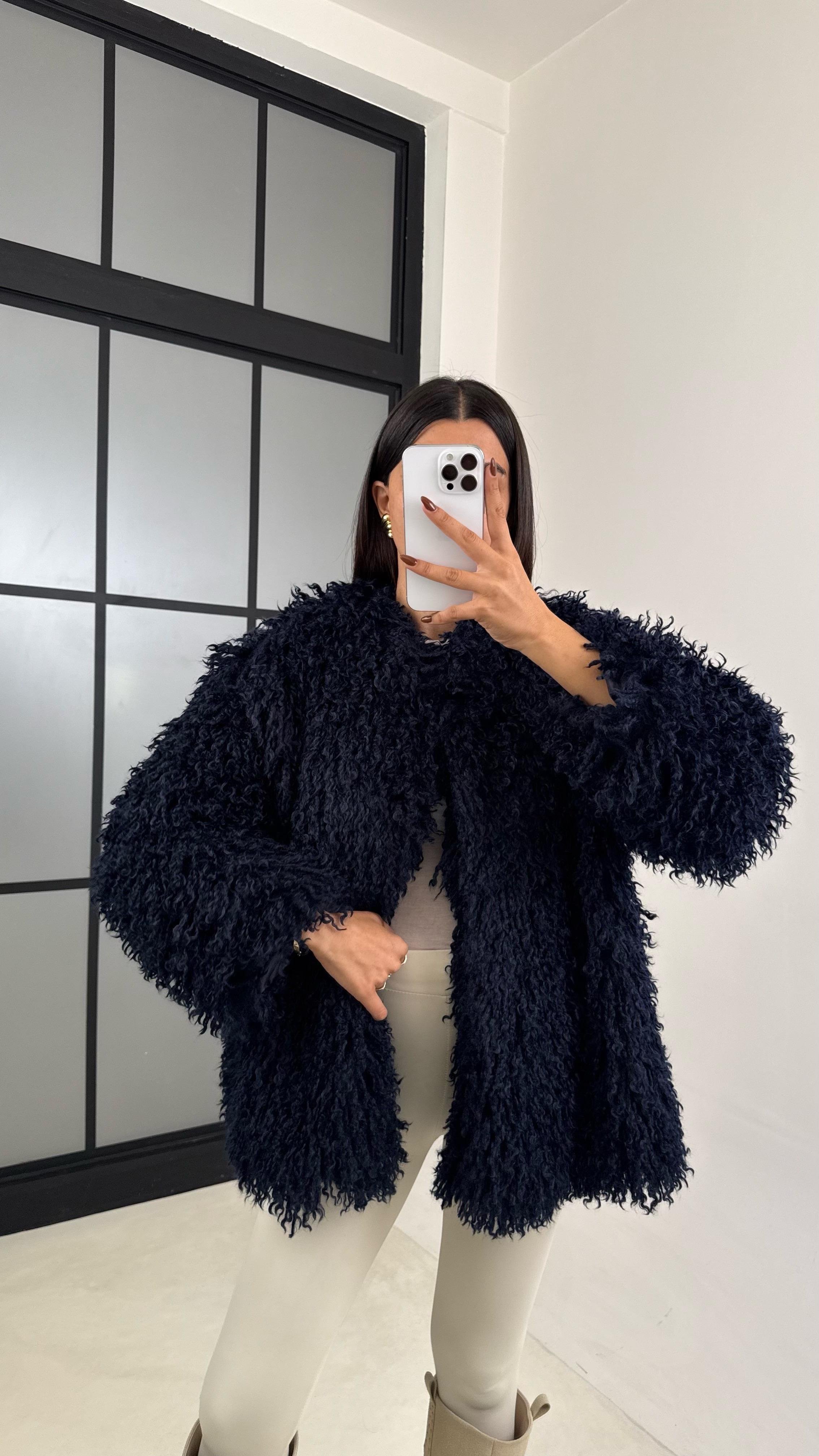 Lacivert Saçaklı Astarlı Premium Kürk GAUS-00332GAUS الجواكيت GAUS-00332