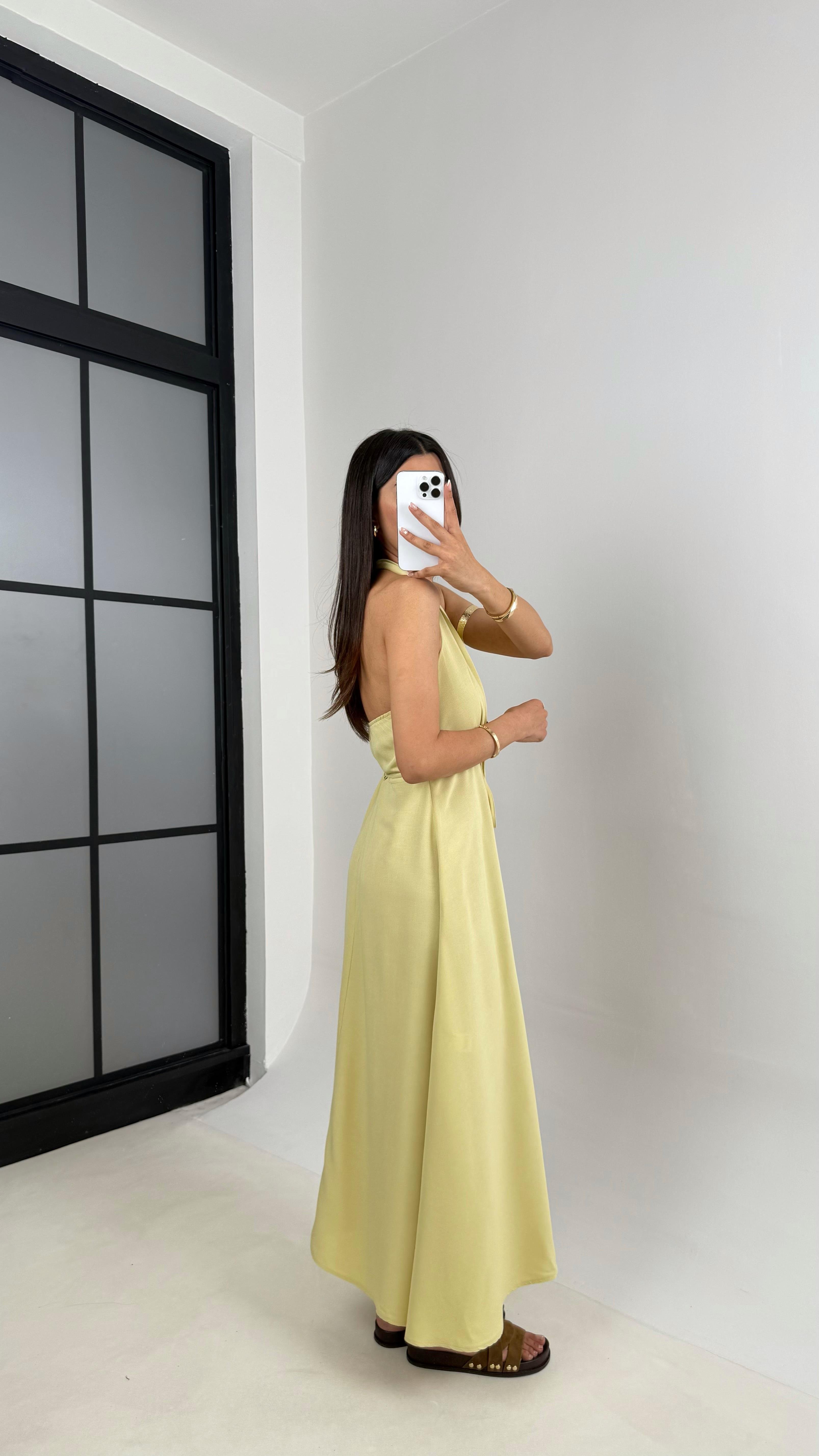 Sarı V Yaka Kuşaklı Boyundan Askılı Keten Elbise Gaus00541GausELBİSEGU1002257