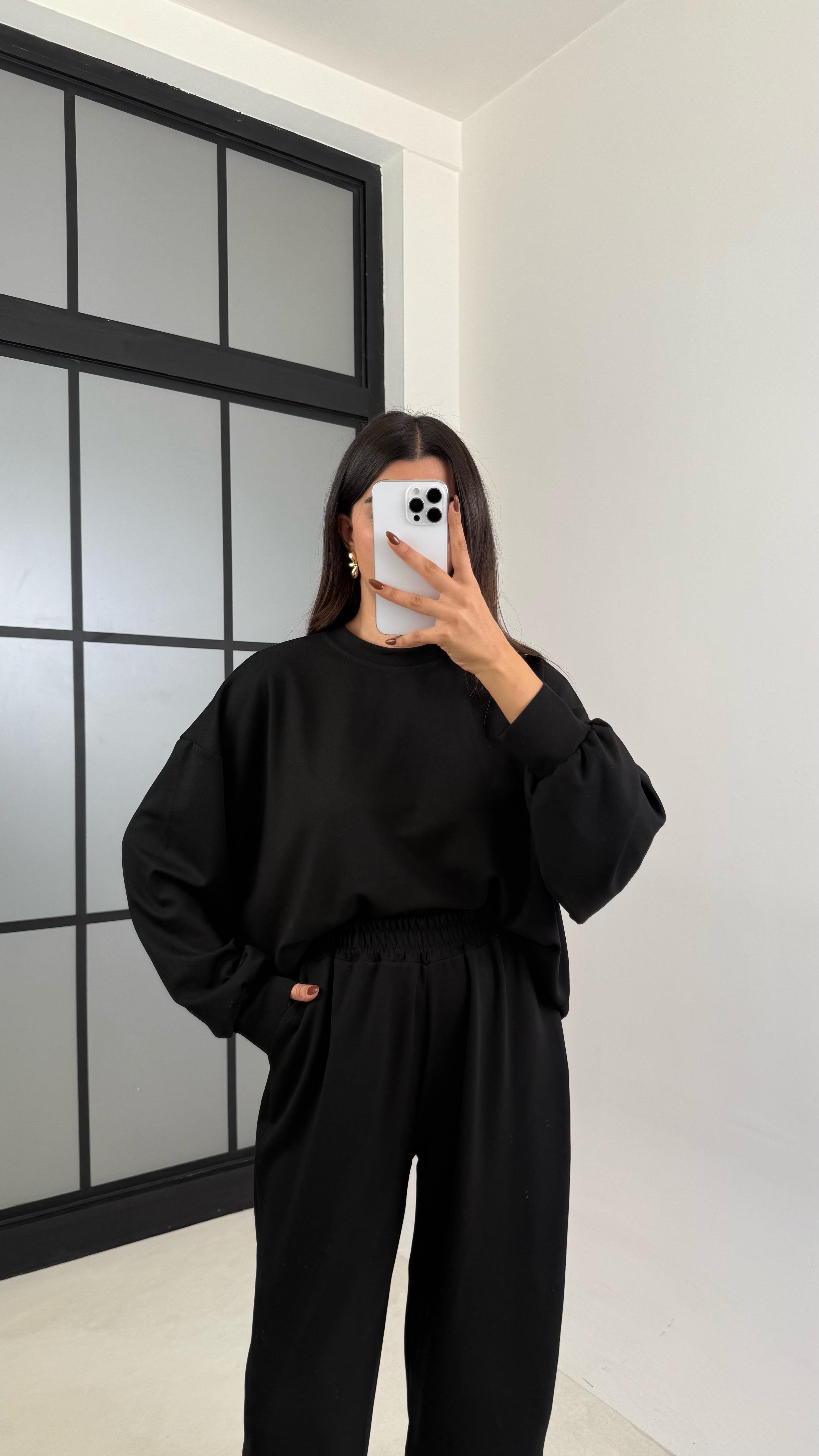 Siyah Uzun Kol Kazak Beli Lastikli Pantolon İkili Modal Kumaş Takım GAUS-00135GAUSTAKIMGAUS-00135