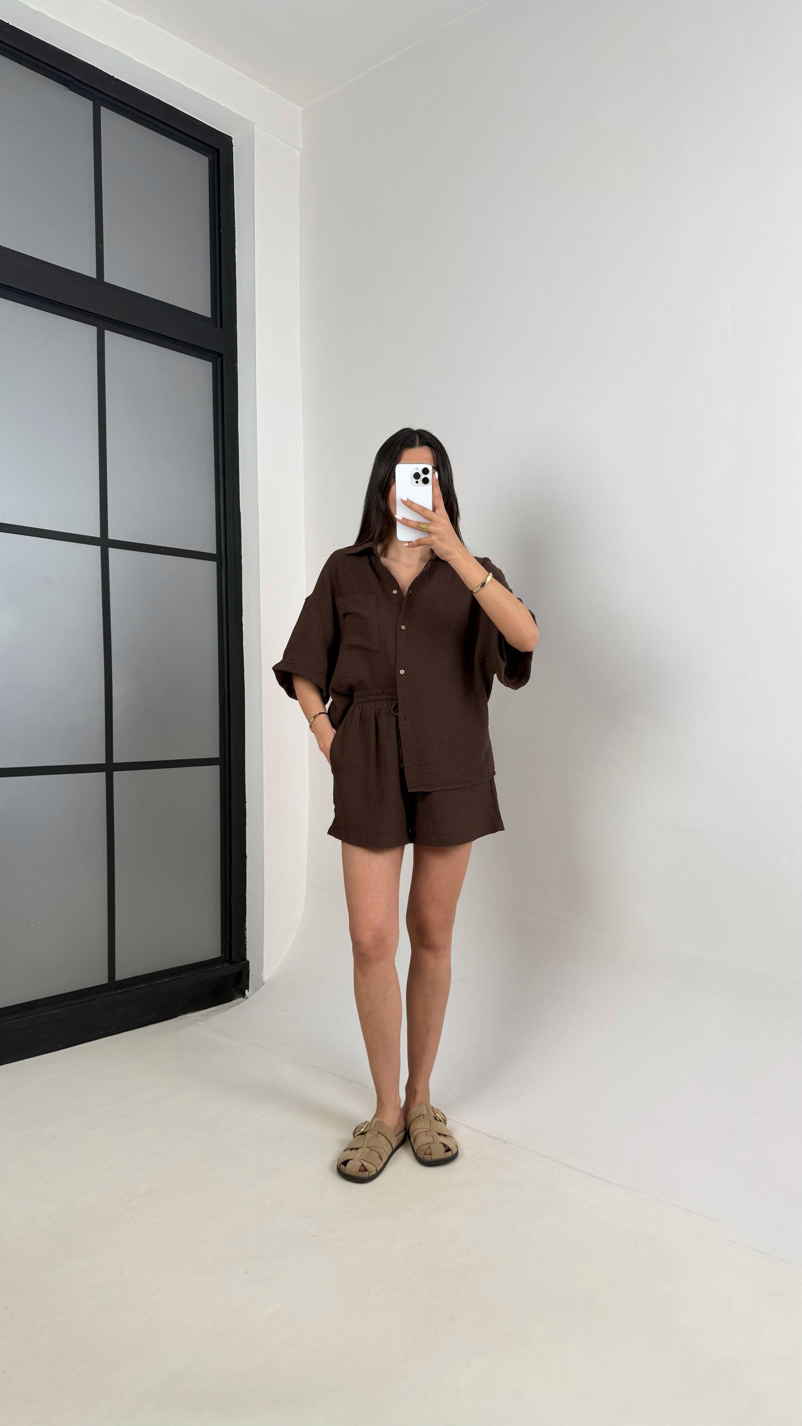 Acı Kahve Cepli Gömlek Beli Lastikli Şort Müslin Takım Gaus00445GausTAKIMGU1002038