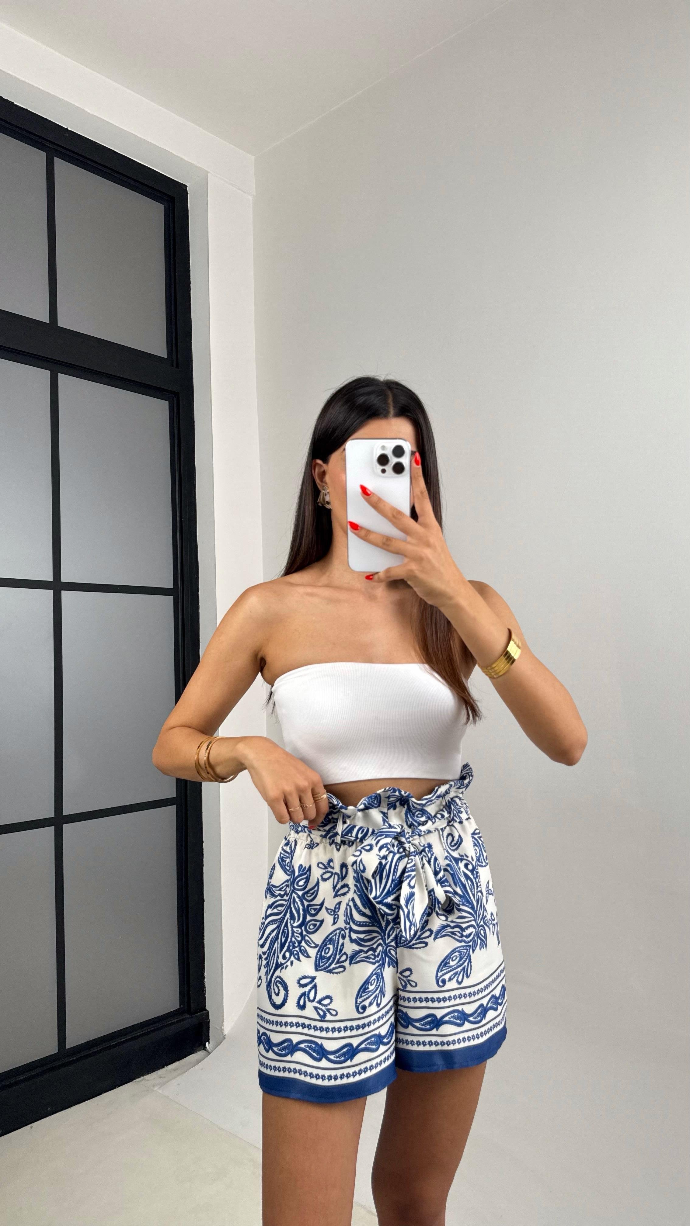 Mavi Etnik Desenli Kuşaklı Saten Şort GAUS-0021GAUSŞORTGAUS-0021