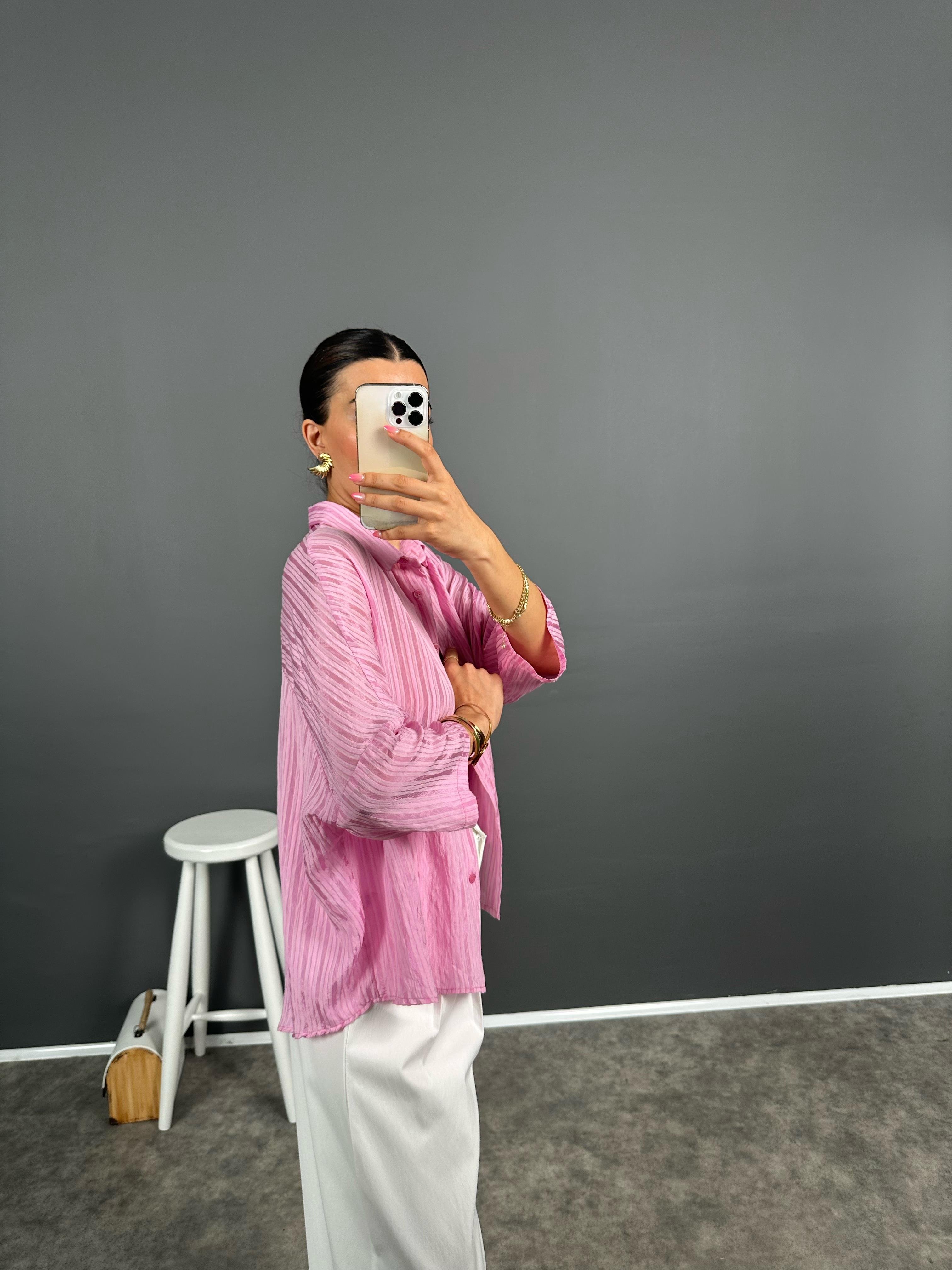 Foam Premium Pembe Çizgili Oversize GömlekGausGÖMLEKGU008645