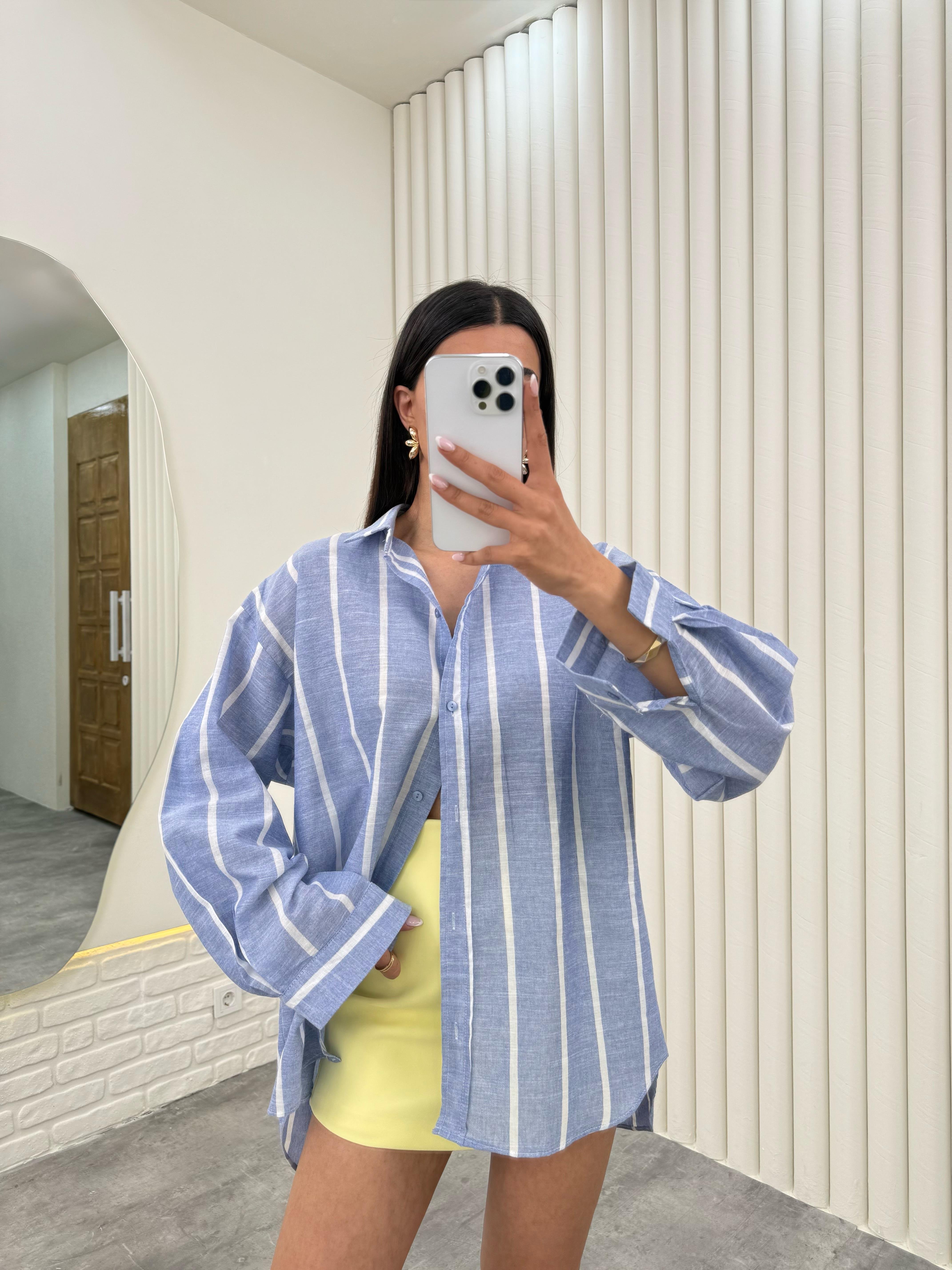 Mavi Beyaz Çizgili Keten Gömlek Gaus00278GausGÖMLEKGU1001645