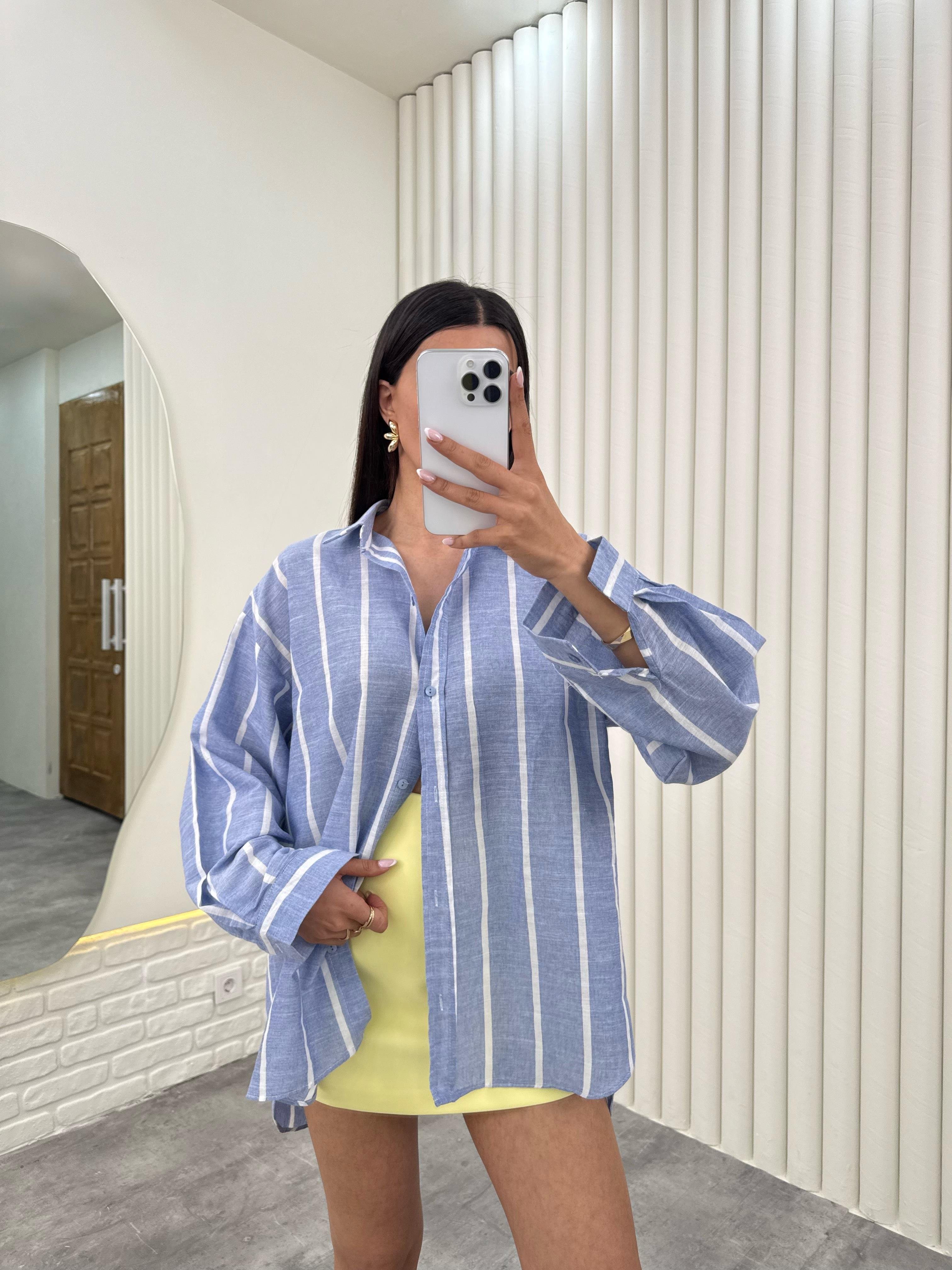 Mavi Beyaz Çizgili Keten Gömlek Gaus00278GausGÖMLEKGU1001645