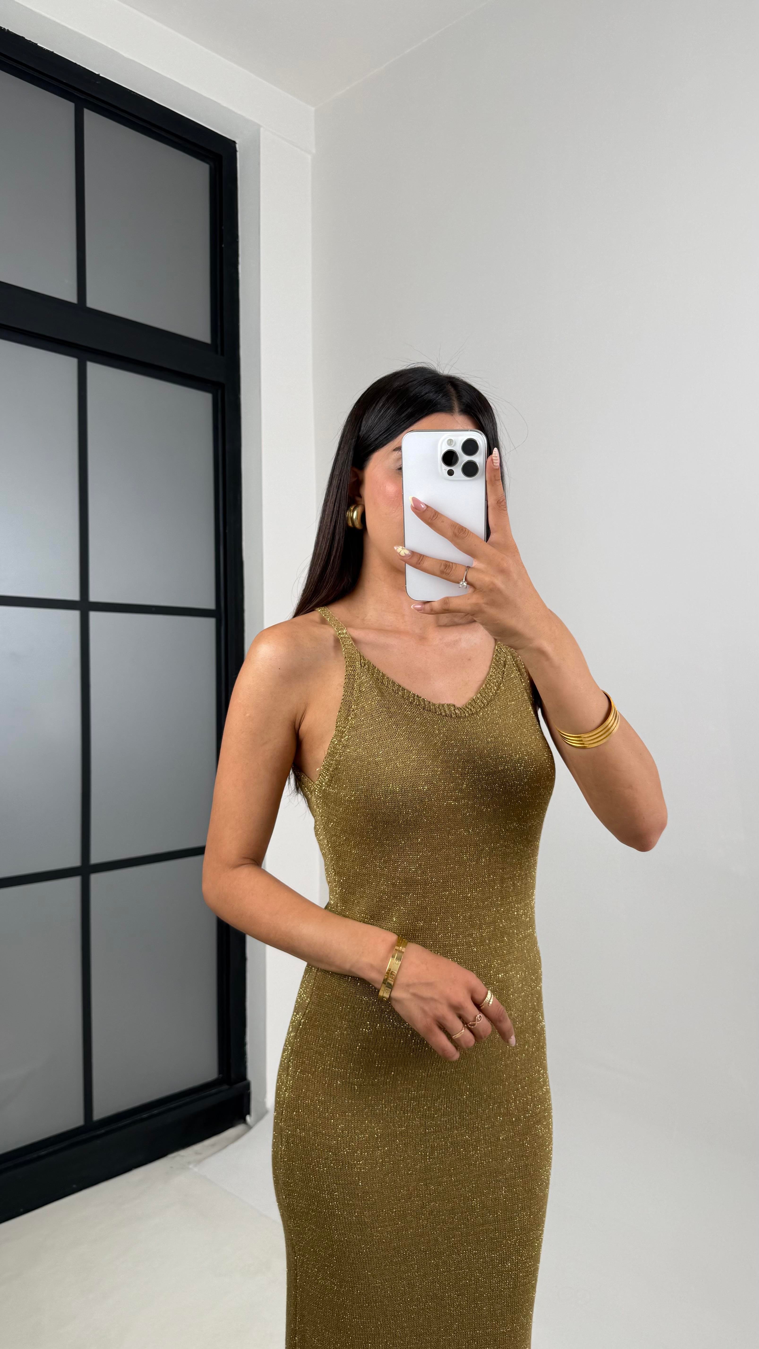 Gold Simli Askılı Triko Elbise Gaus00663GausELBİSEGU1002532