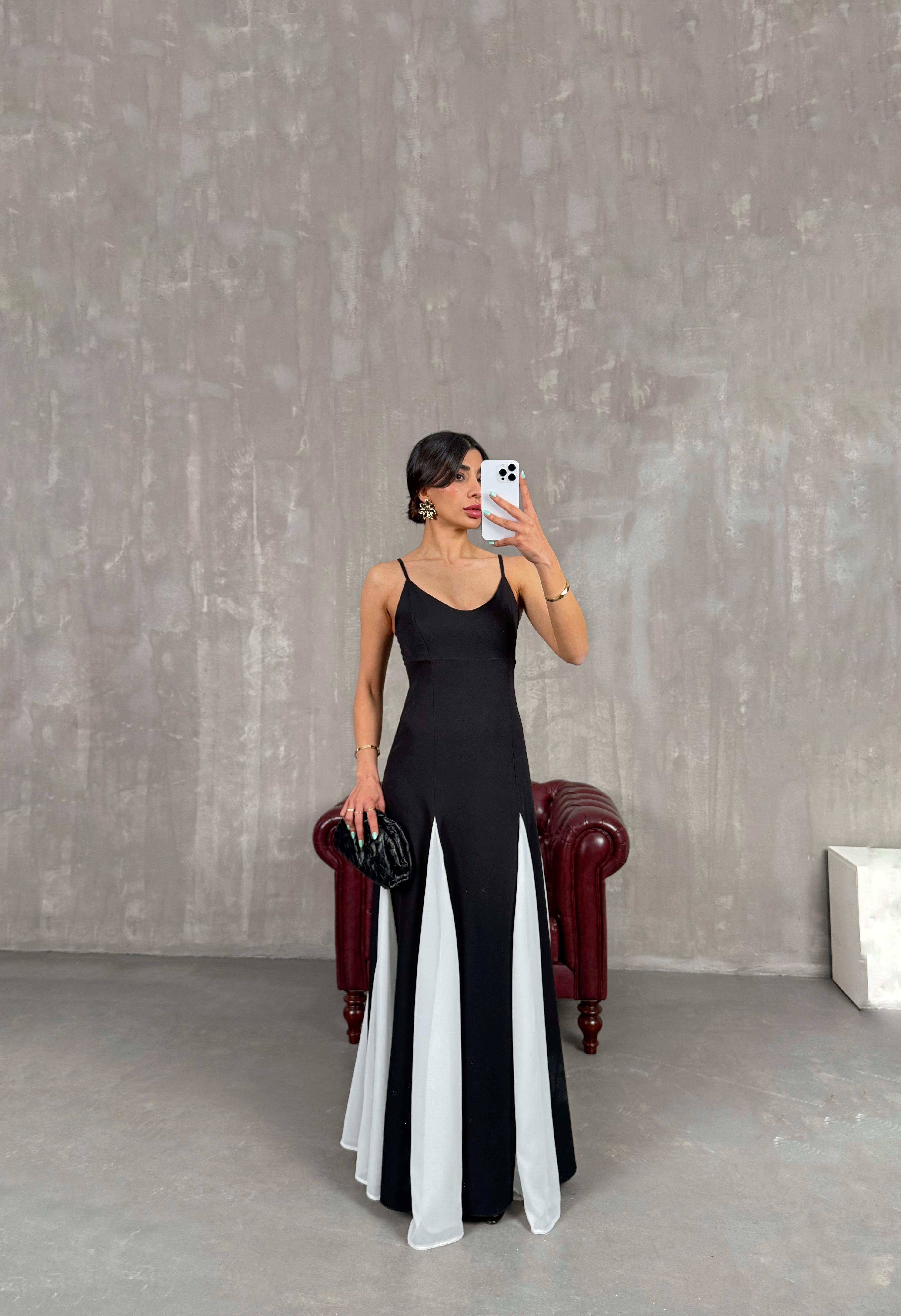 Siyah Ayarlanabilir Askılı Beyaz Şifon Detaylı Astarlı Viral Pinterest Elbise Gaus00242GausELBİSEGU1001563