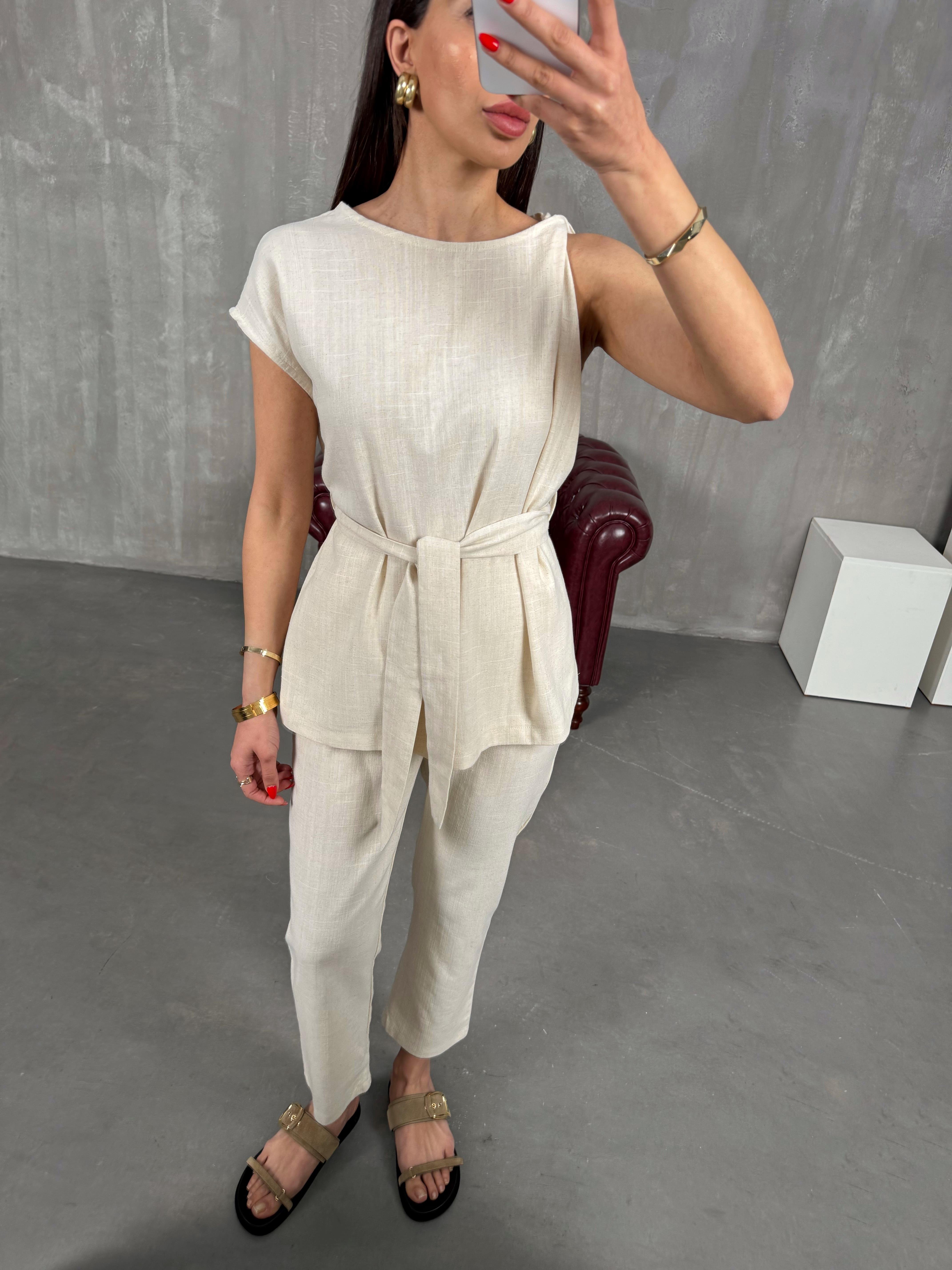 Taş Omuz Detaylı Kuşaklı Keten Takım Gaus00188GausTAKIMGU1001436