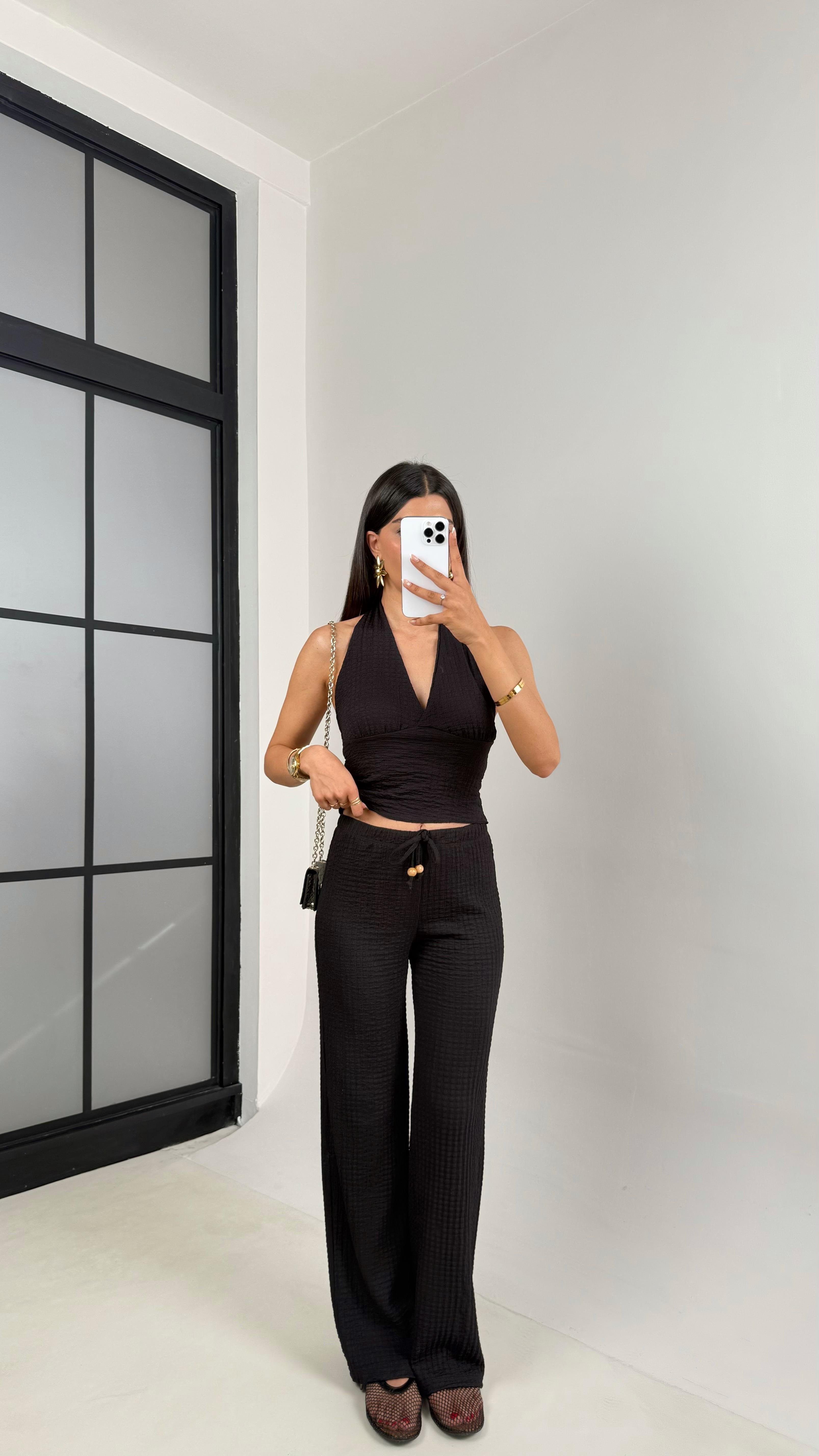 Siyah Boyundan Askılı Sırt Dekolteli Crop Beli Lastikli Pantolon İkili Bürümcük Takım Gaus00609GausTAKIMGU1002425