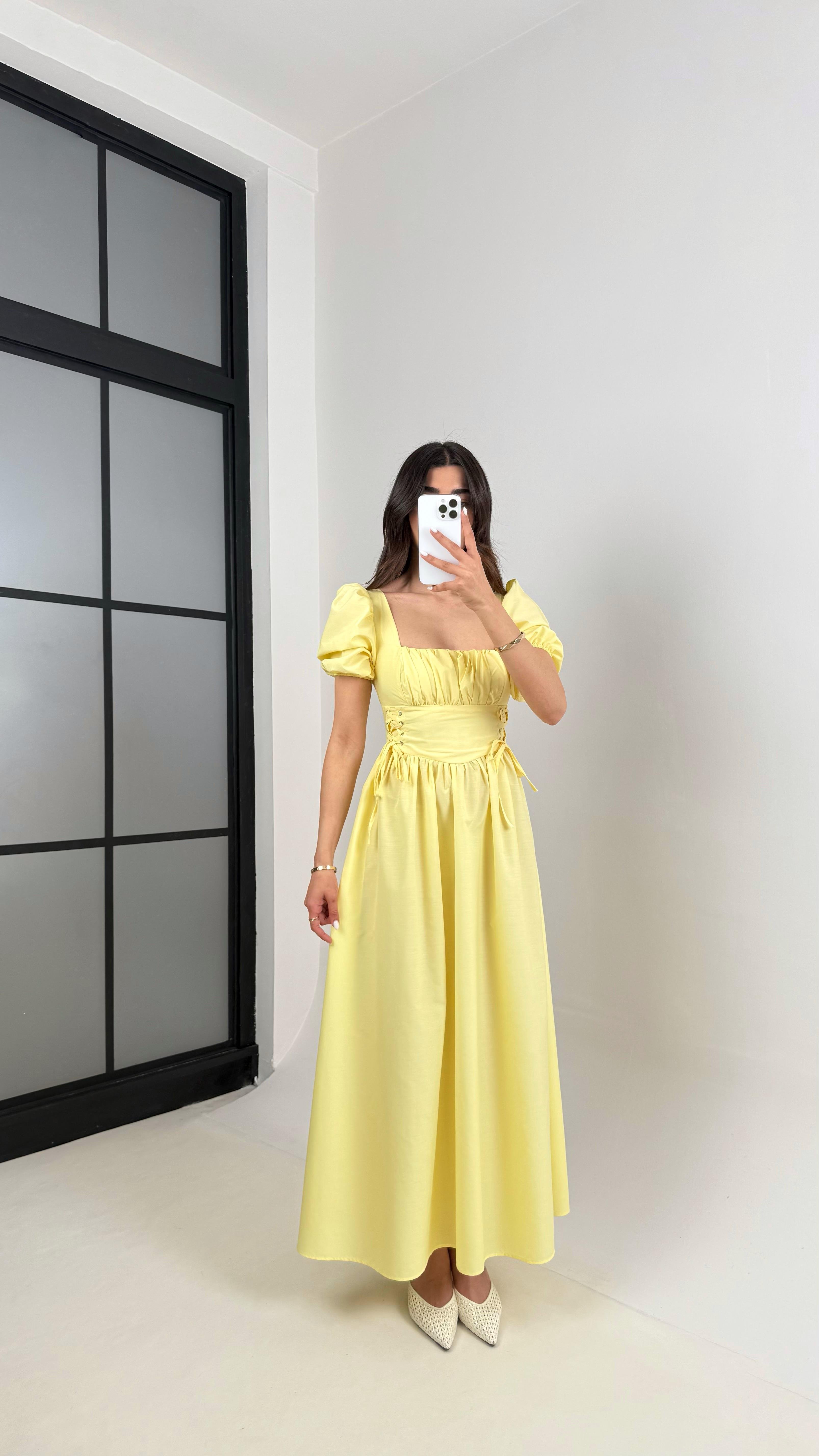 Sarı Balon Kol Önü Büzgülü İthal Kumaş Elbise Gaus00425GausELBİSEGU1001991