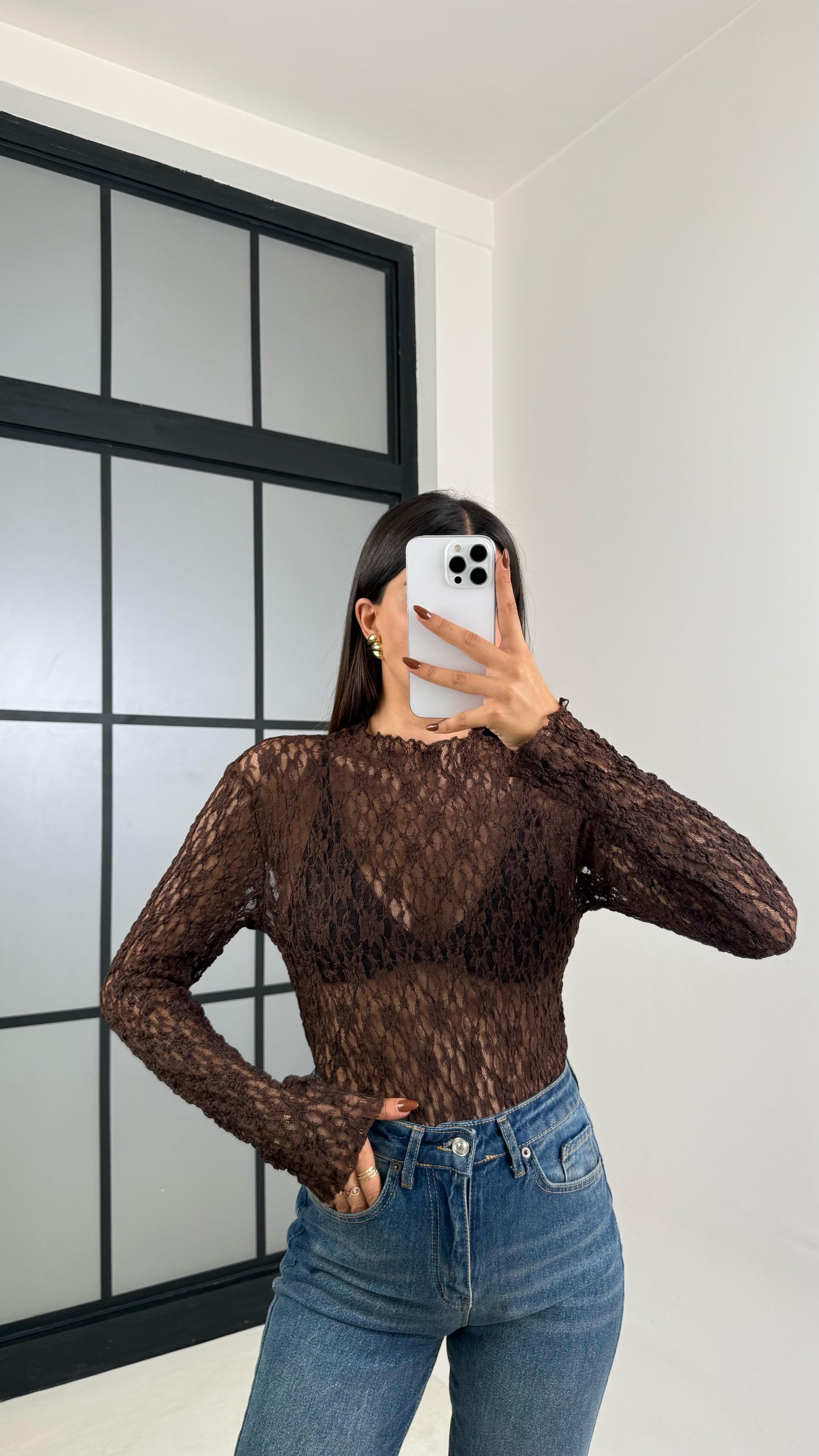 Acı Kahve Dantelli Transparan Uzun Kol Bluz GAUS-00172GAUSالبلوزات GAUS-00172