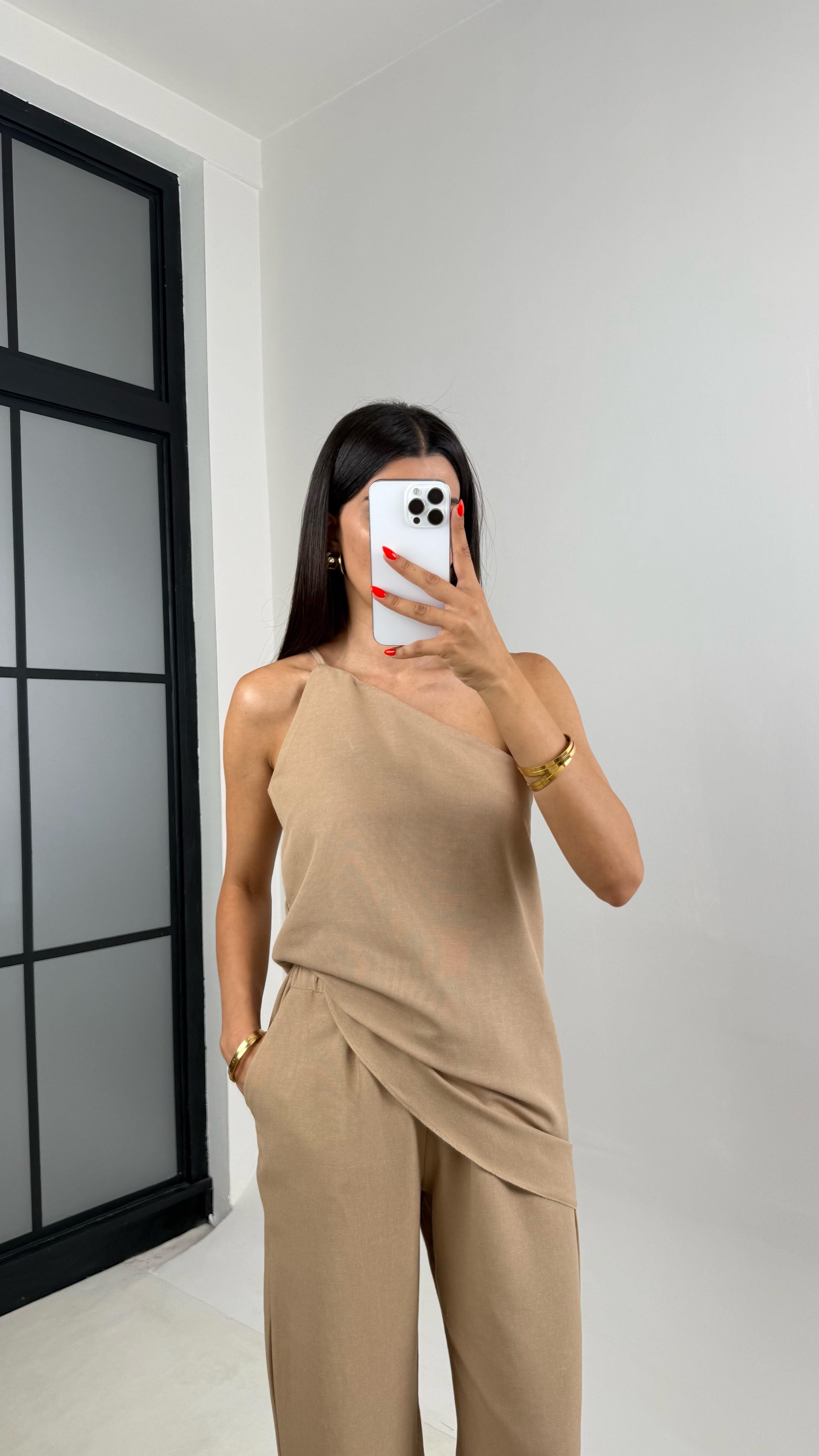 Taş Tek Omuz Bluz Beli Lastlik Pantolon Keten Takım Gaus00696GausTAKIMGaus00696