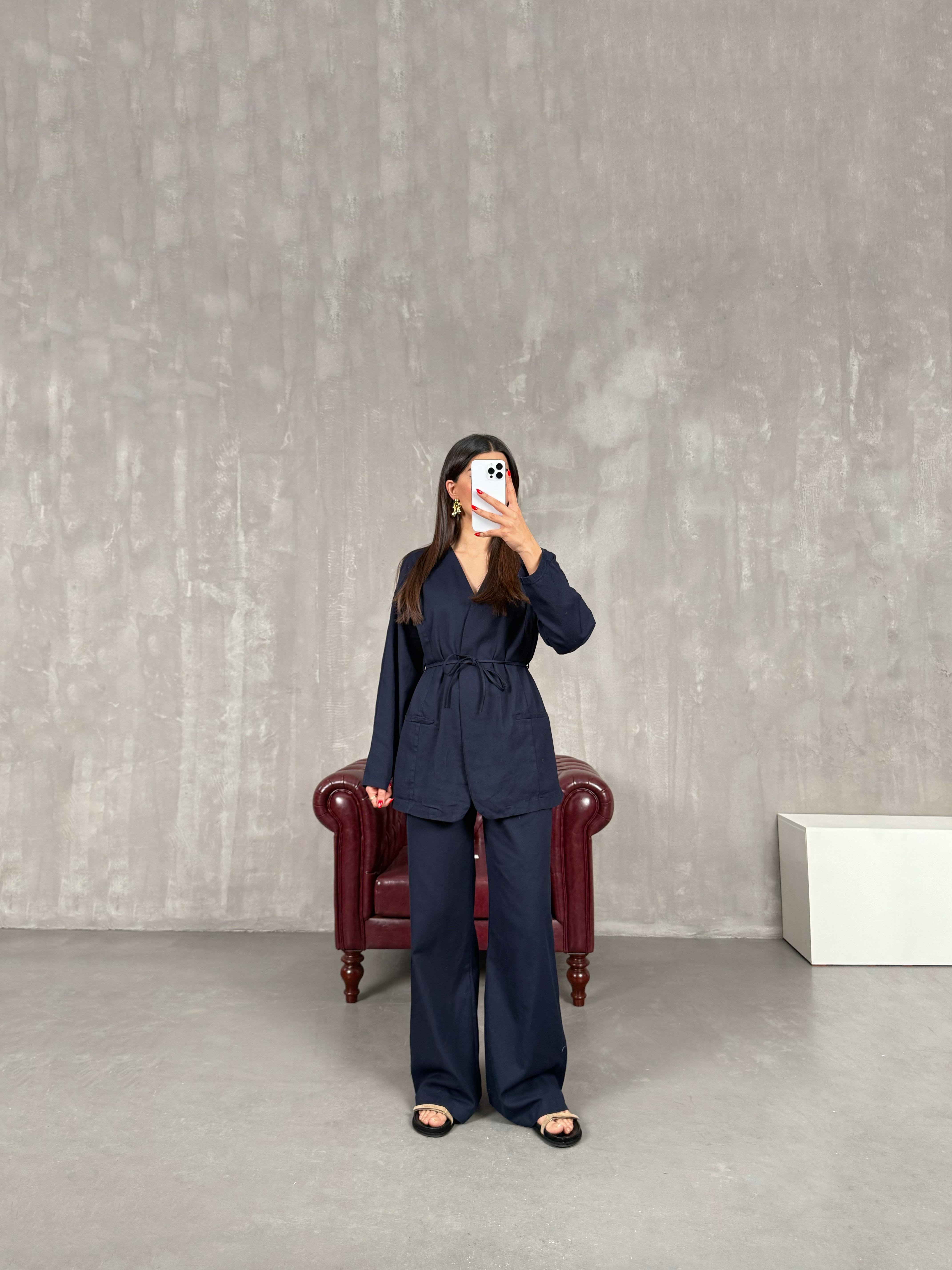 Lacivert Kuşaklı Gabardin Takım Gaus00157GausTAKIMGU1001363