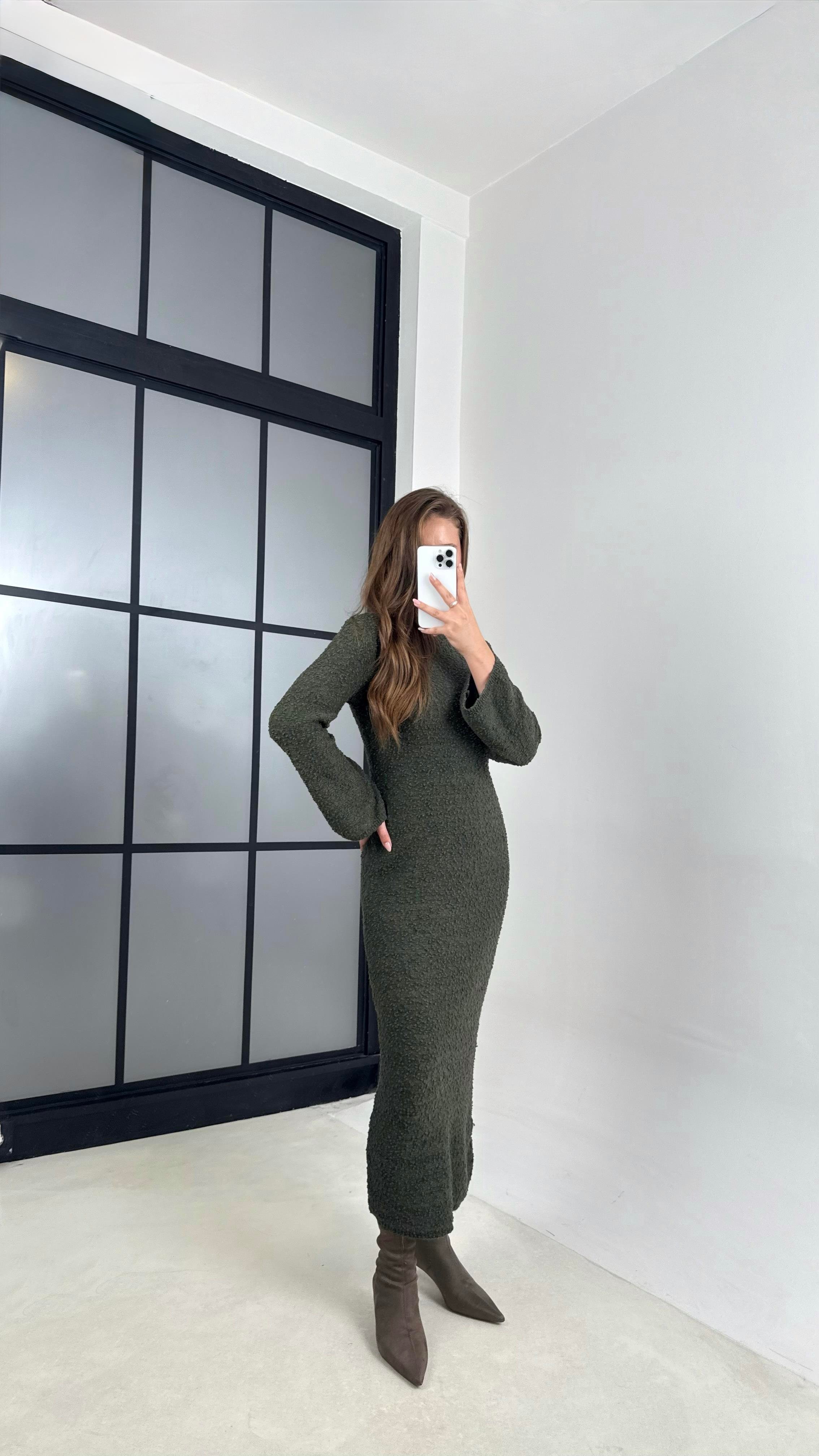 Haki Bisiklet Yaka Tasarım Uzun Triko Elbise GAUS-00125GAUSELBİSEGAUS-00125