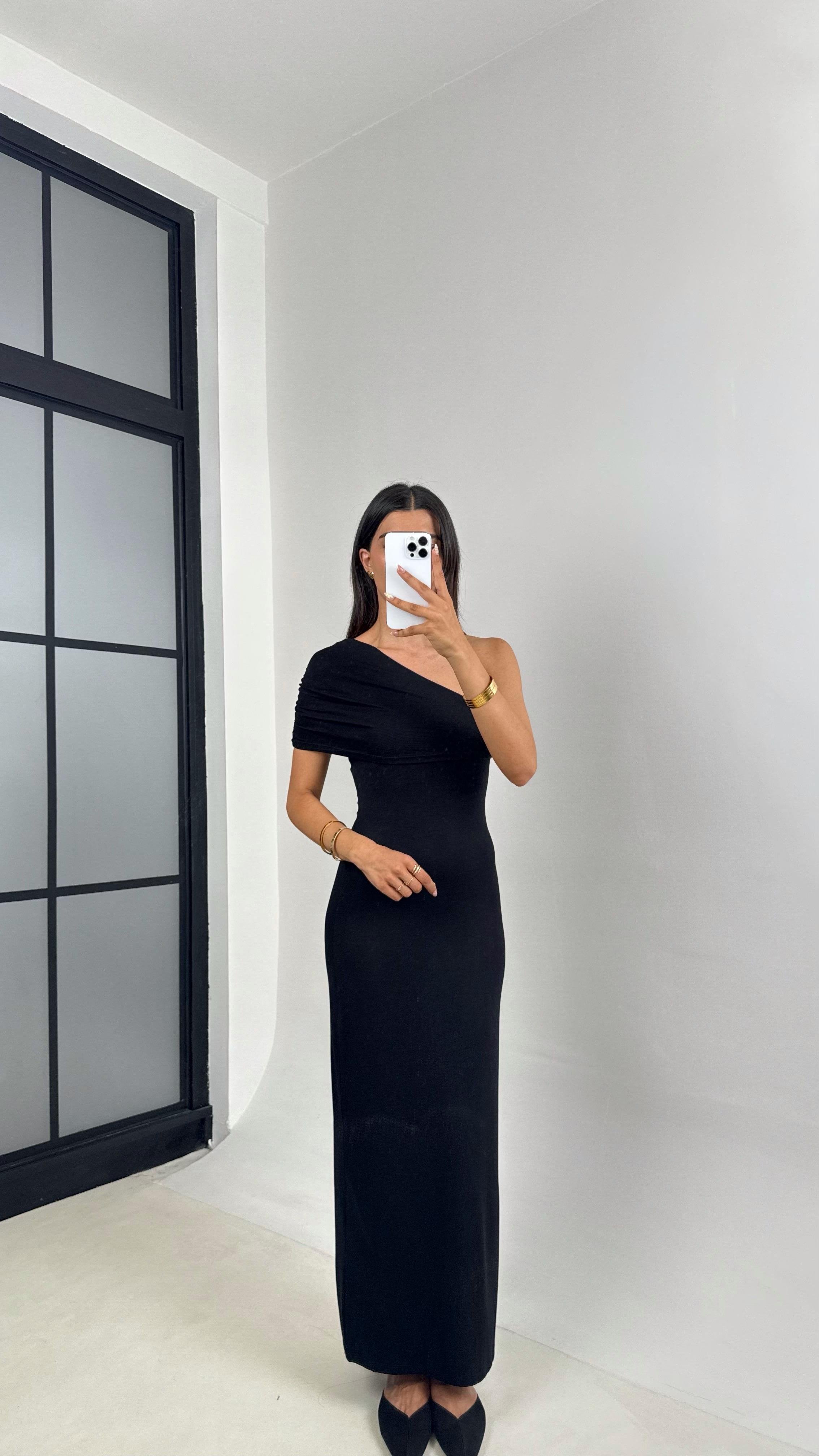 Siyah Tek Omuz Maxi Boy Elbise Gaus00685GausELBİSEGU1002581