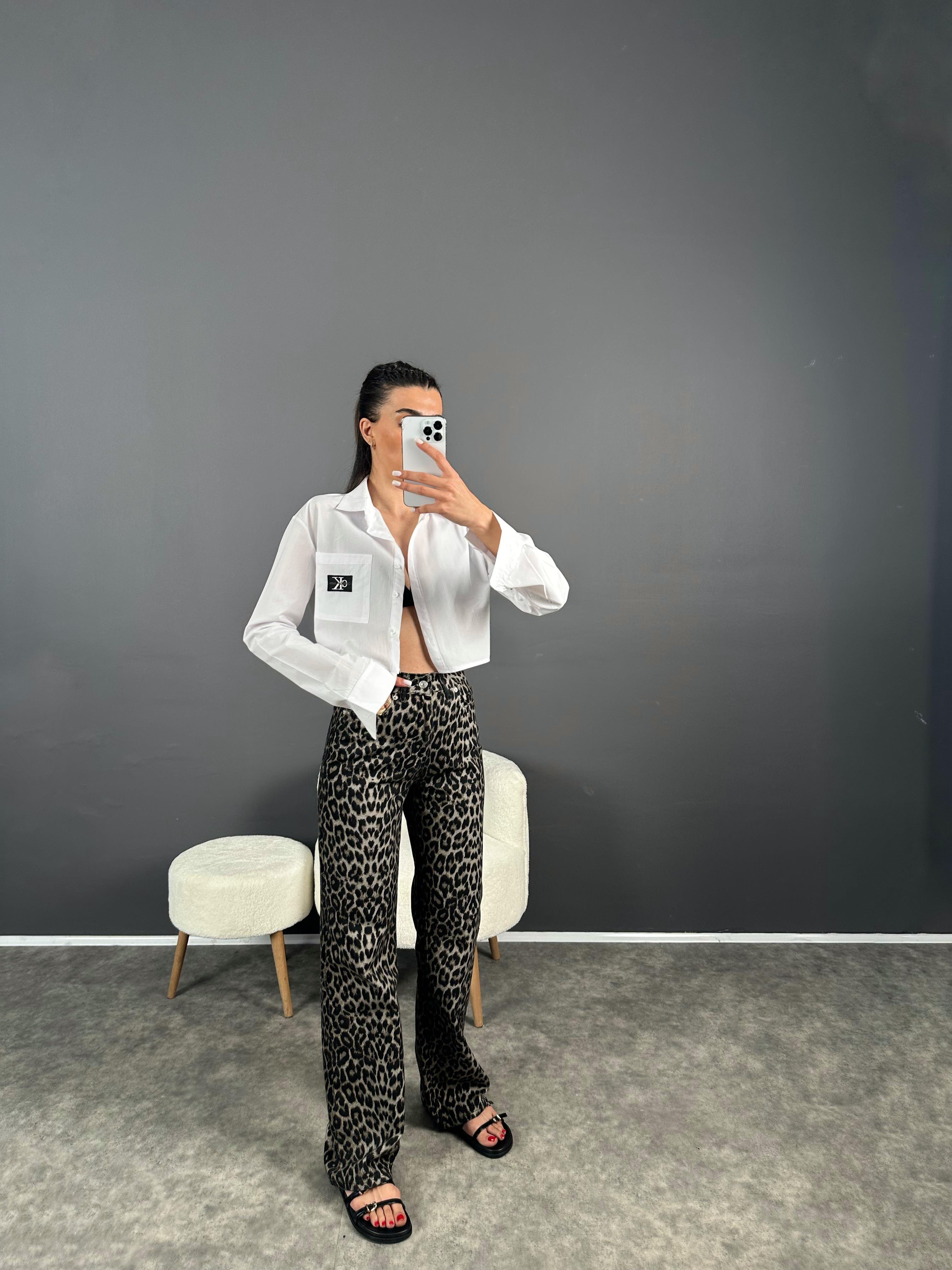 GU Koyu Leopar Desenli Straight Leg JeanGausDENİM PANTOLONGU007281