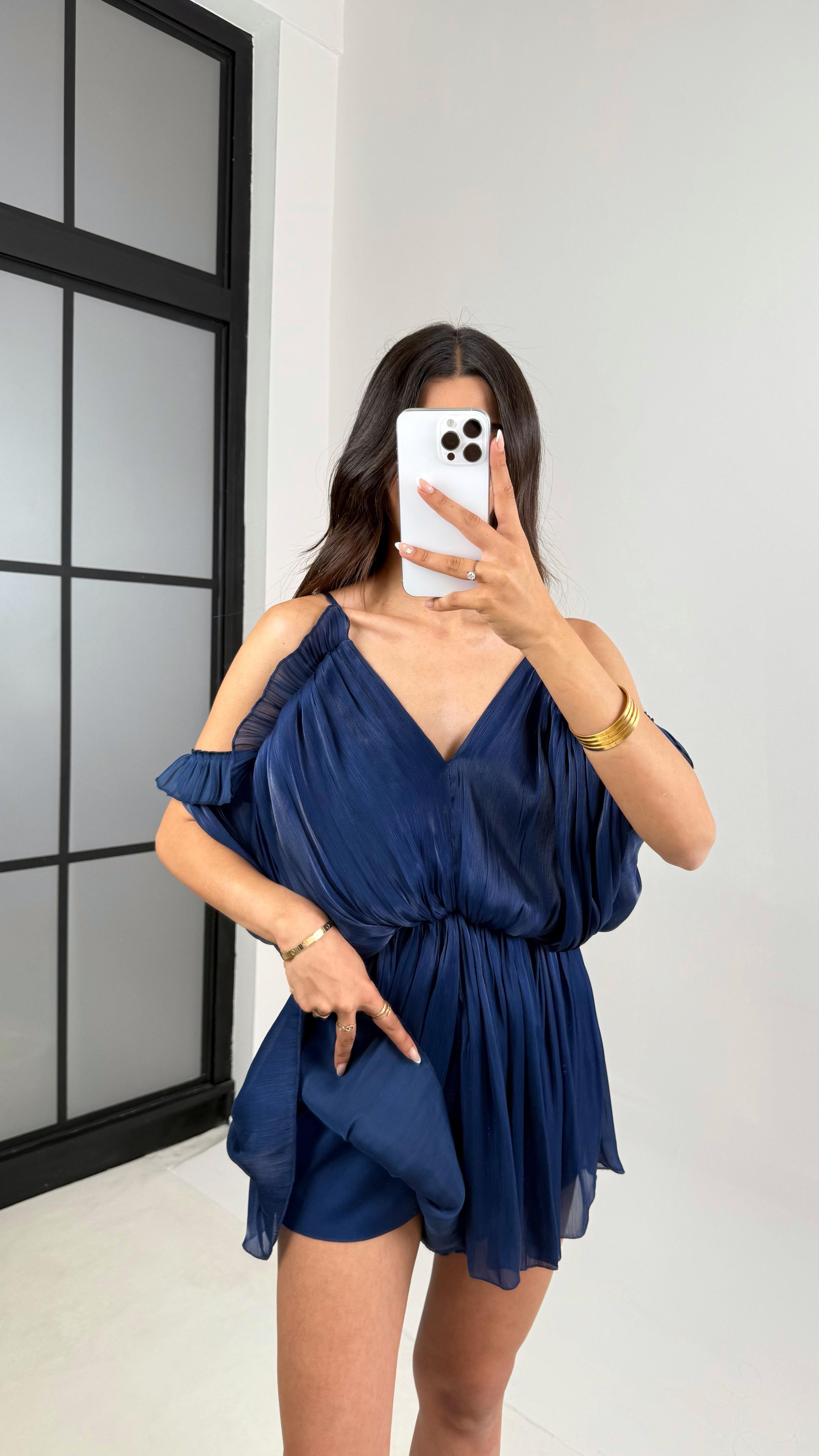 Lacivert Ayarlanabilir Askılı Parlak Şifon Tasarım Tulum Gaus00620Gaus الأوفرول GU1002447