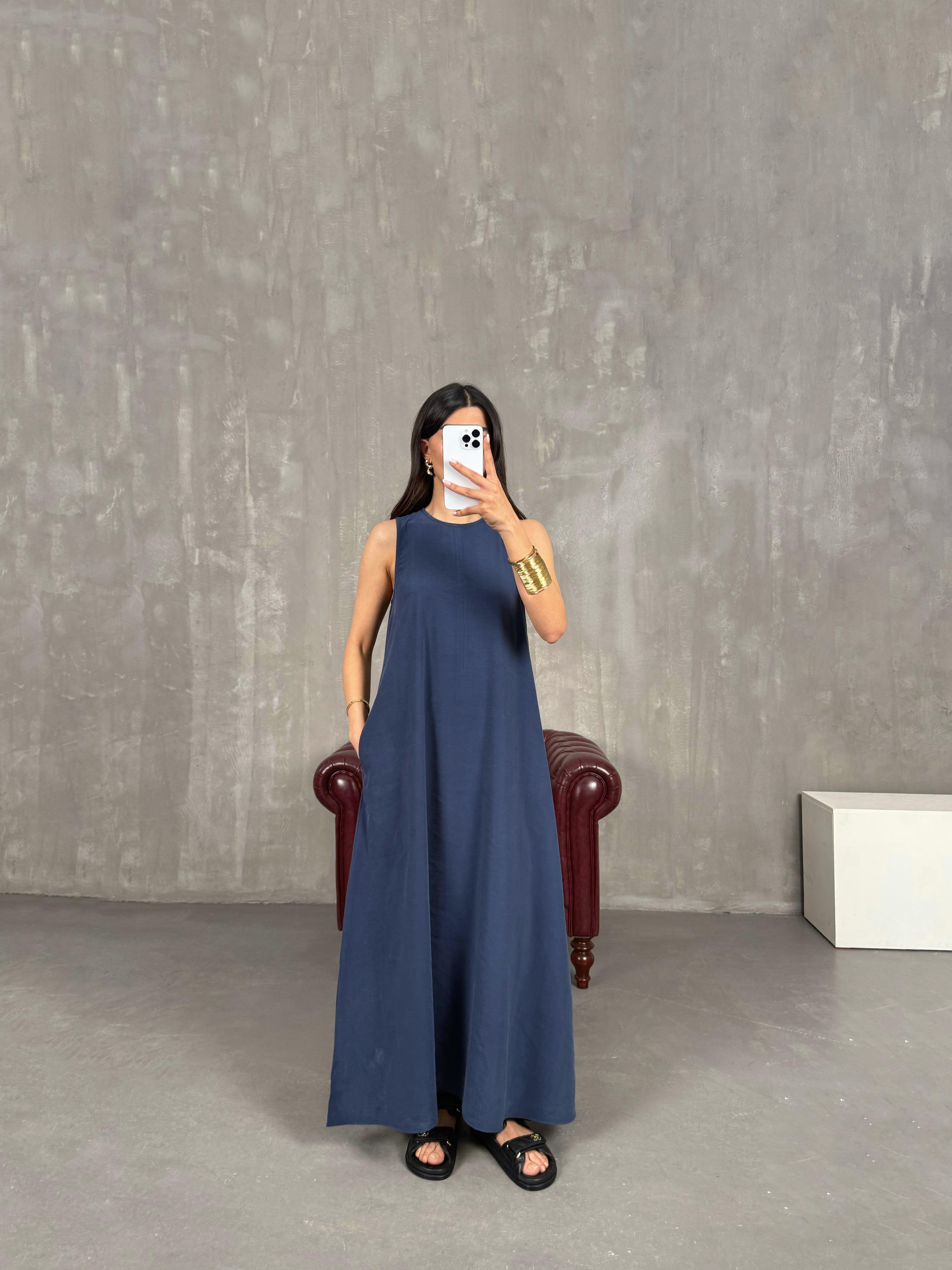 İndigo Cepli Tensel Kumaş Elbise Gaus00263GausELBİSEGU1001606