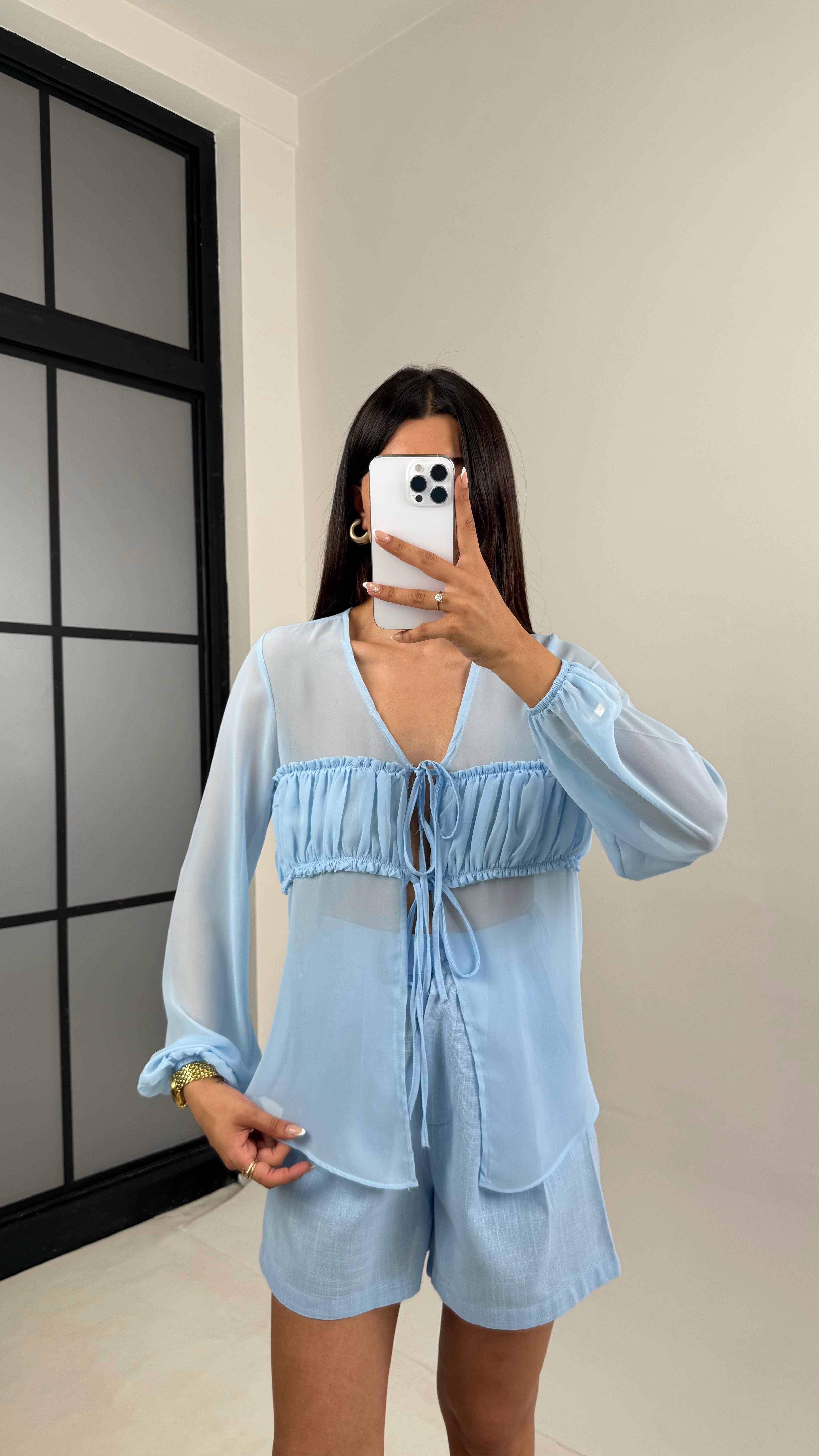 Mavi Önü Bağlamalı Transparan Gömlek Keten Şort Takım Gaus00615GausTAKIMGU1002438