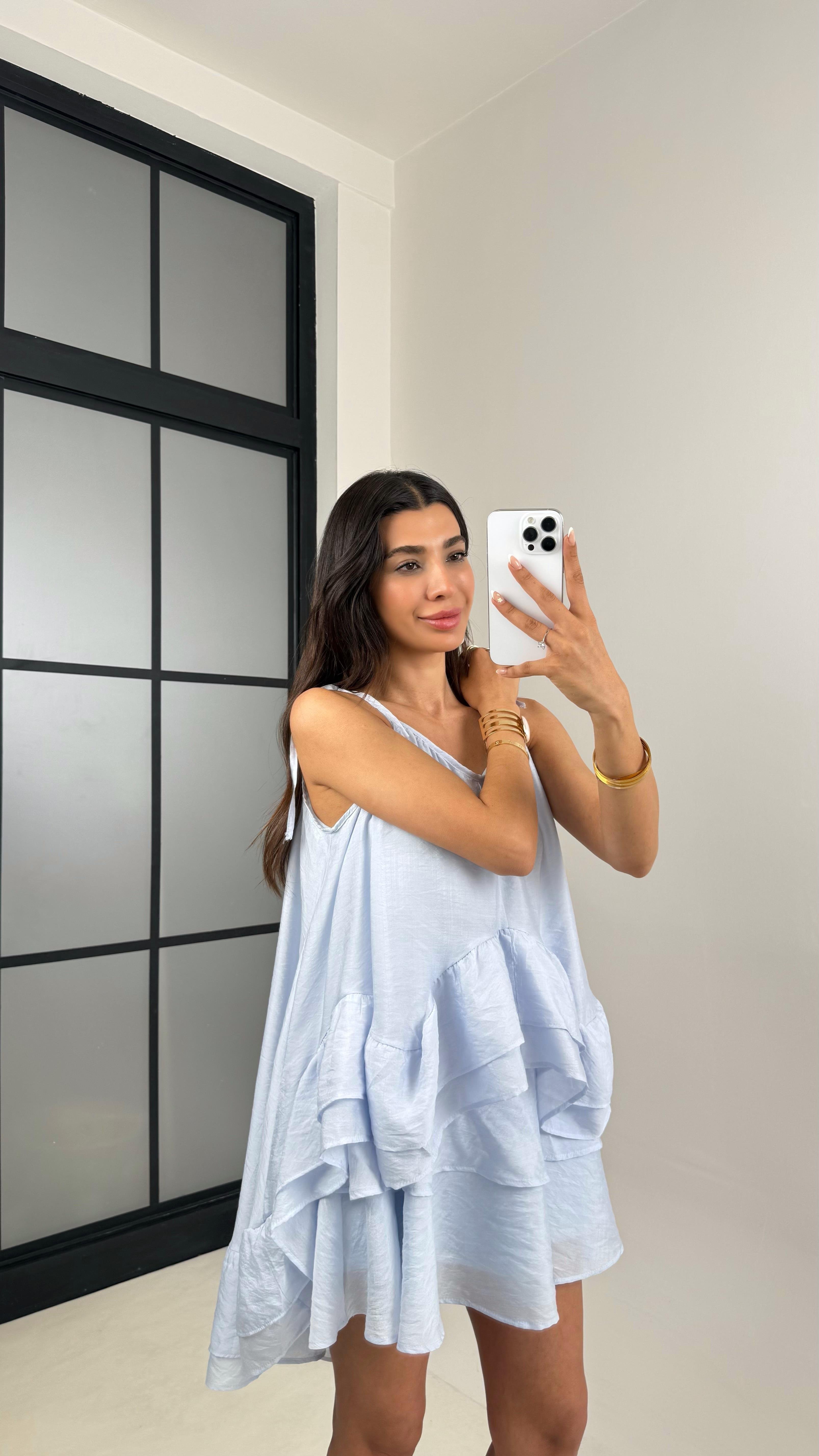 Açık Mavi Ayarlanabilir Askılı Astarlı Katlı Şifon Elbise Gaus00632GausELBİSEGU1002475