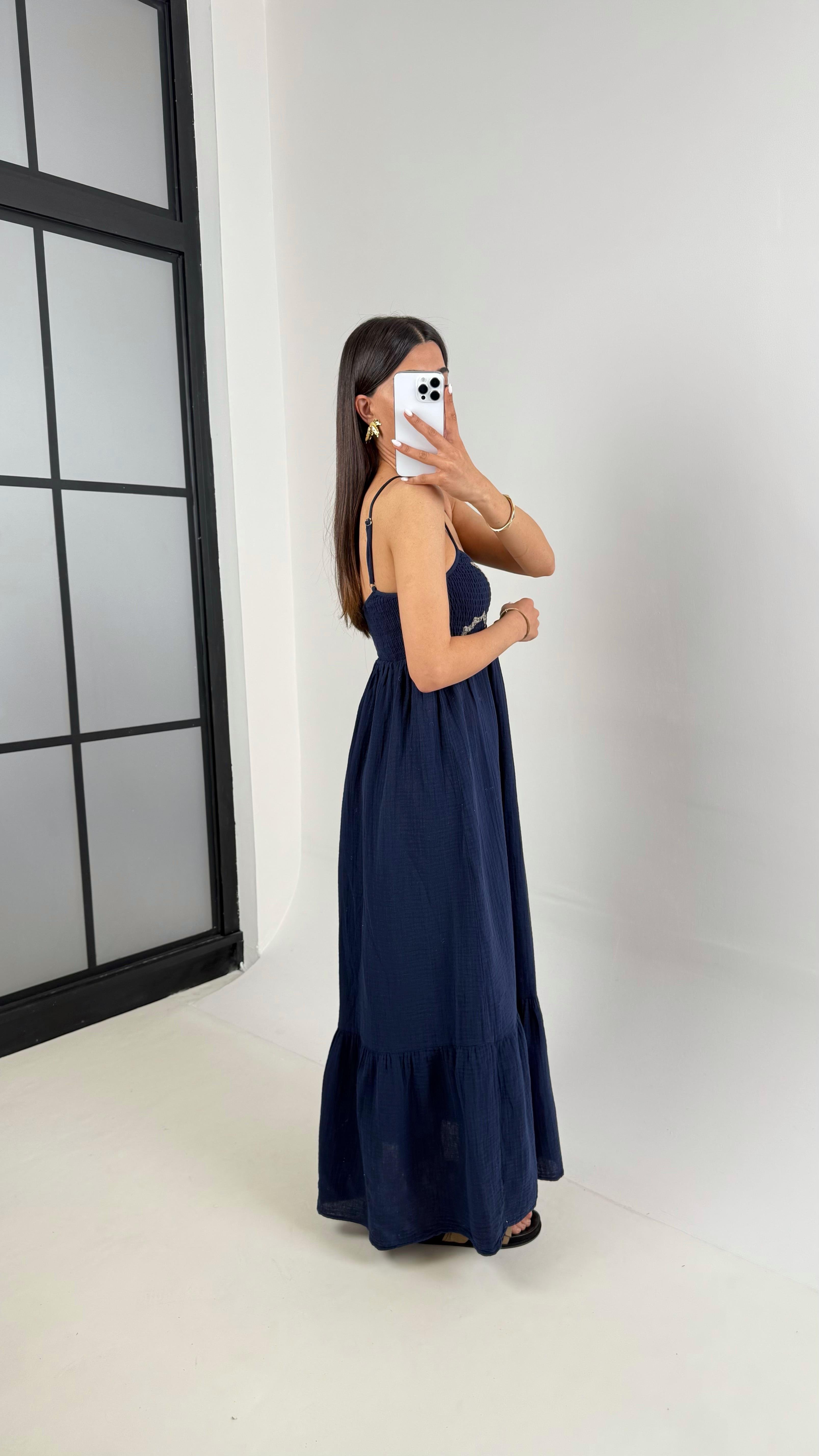 Lacivert Ayarlanabilir Askılı Astarlı Müslin Elbise Gaus409GausELBİSEGU1001954