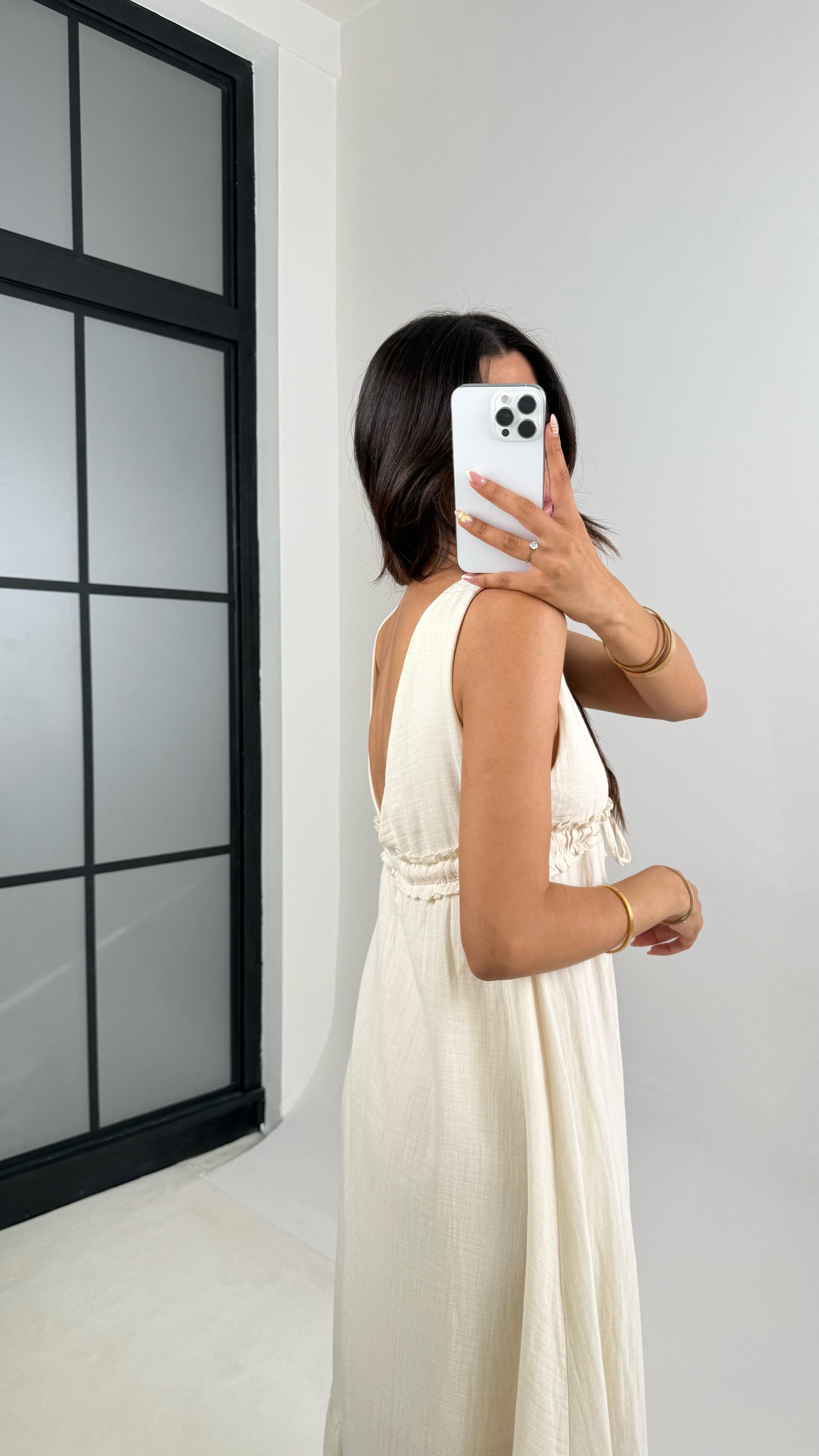 Vizon V Yaka Beli Ayarlanabilir Lastikli Astarlı Müslin Elbise Gaus00680 GausELBİSEGU1002571