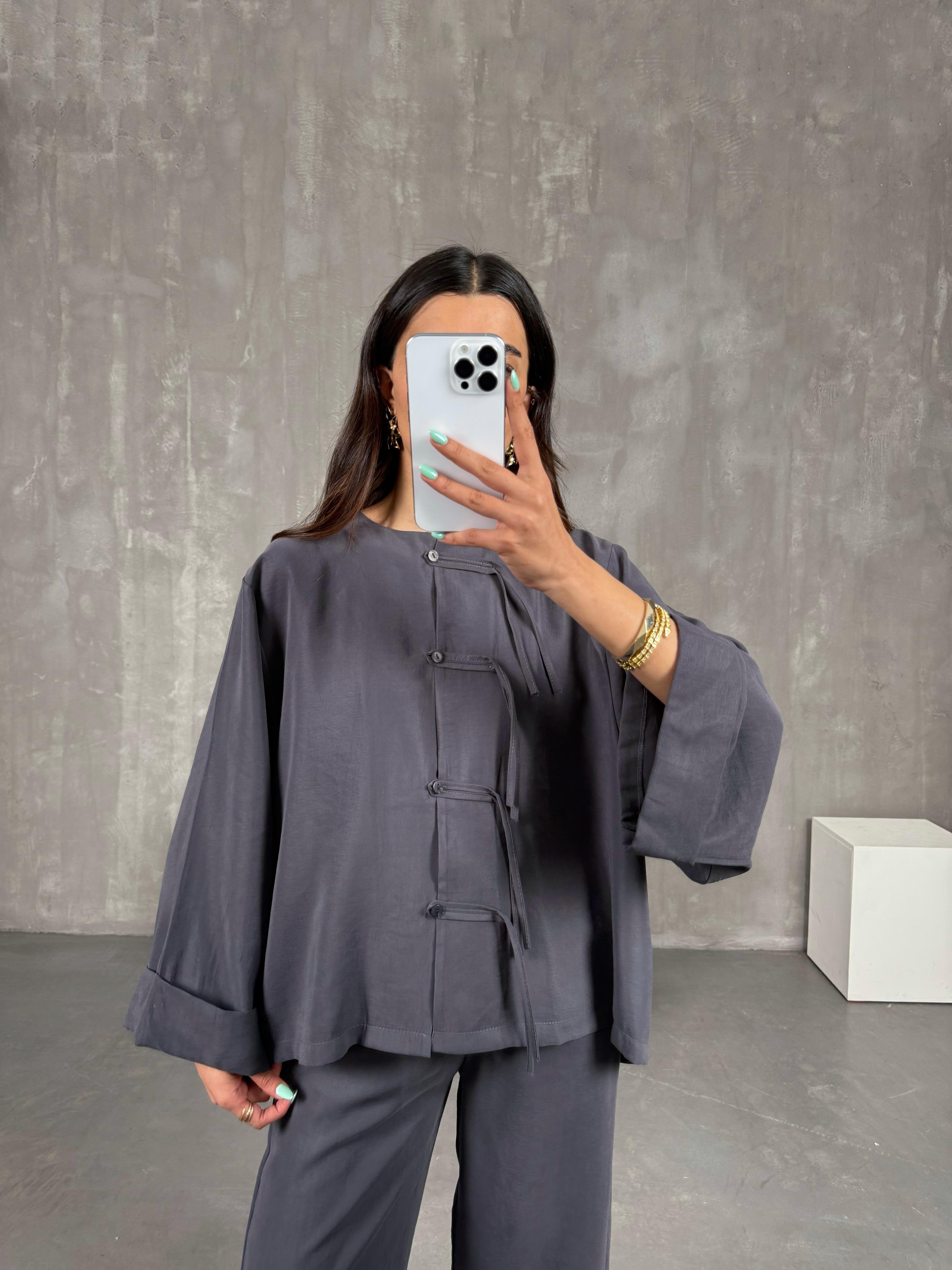 Antrasit Yaka Düğmeli Gömlek Beli Lastikli Pantolon Tensel Takım Gaus00238GausTAKIMGU1001554