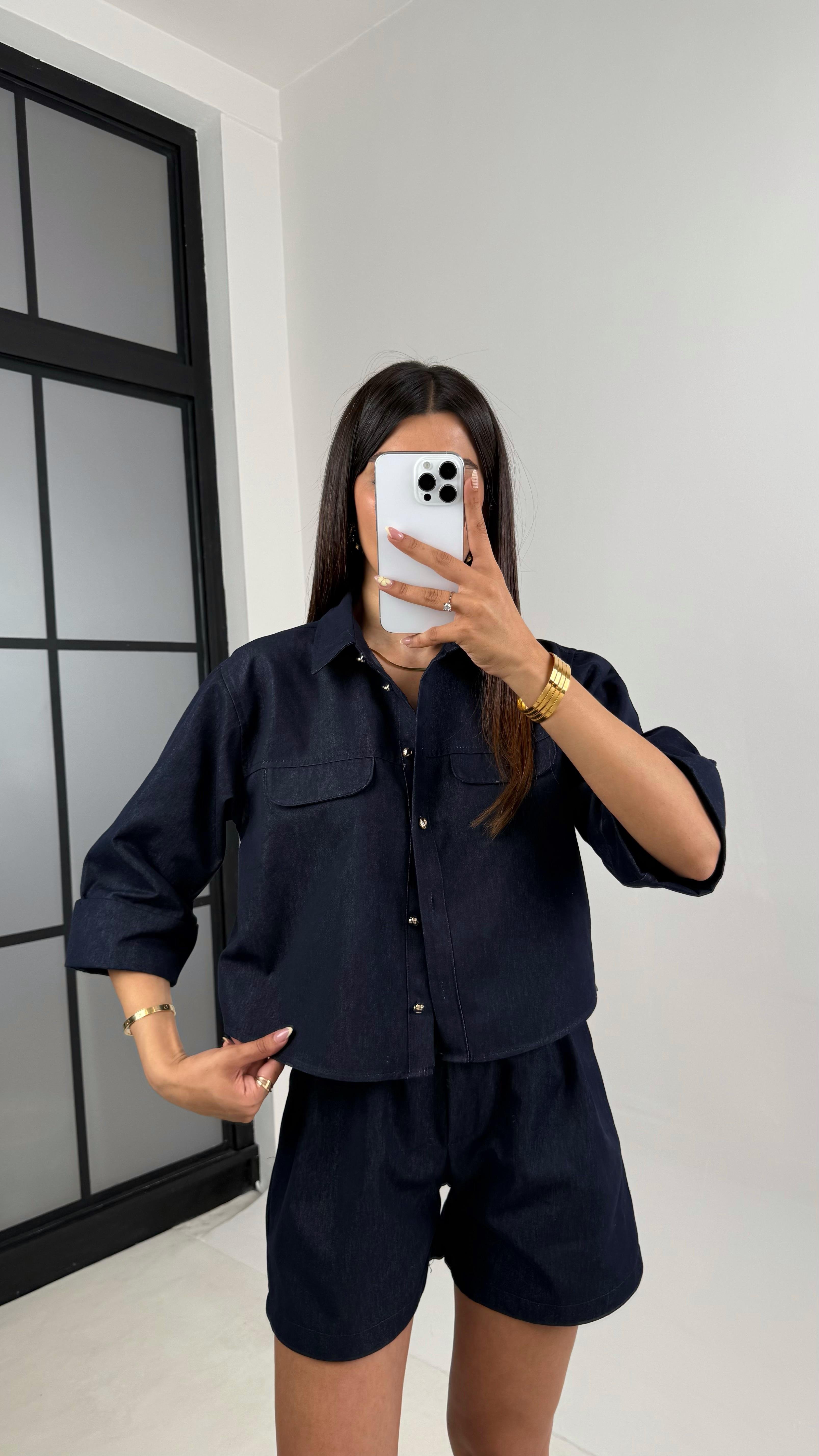 Lacivert Cep Detaylı Gömlek Kemerli Şort İkili Denim Takım Gaus00643GausTAKIMGU1002495