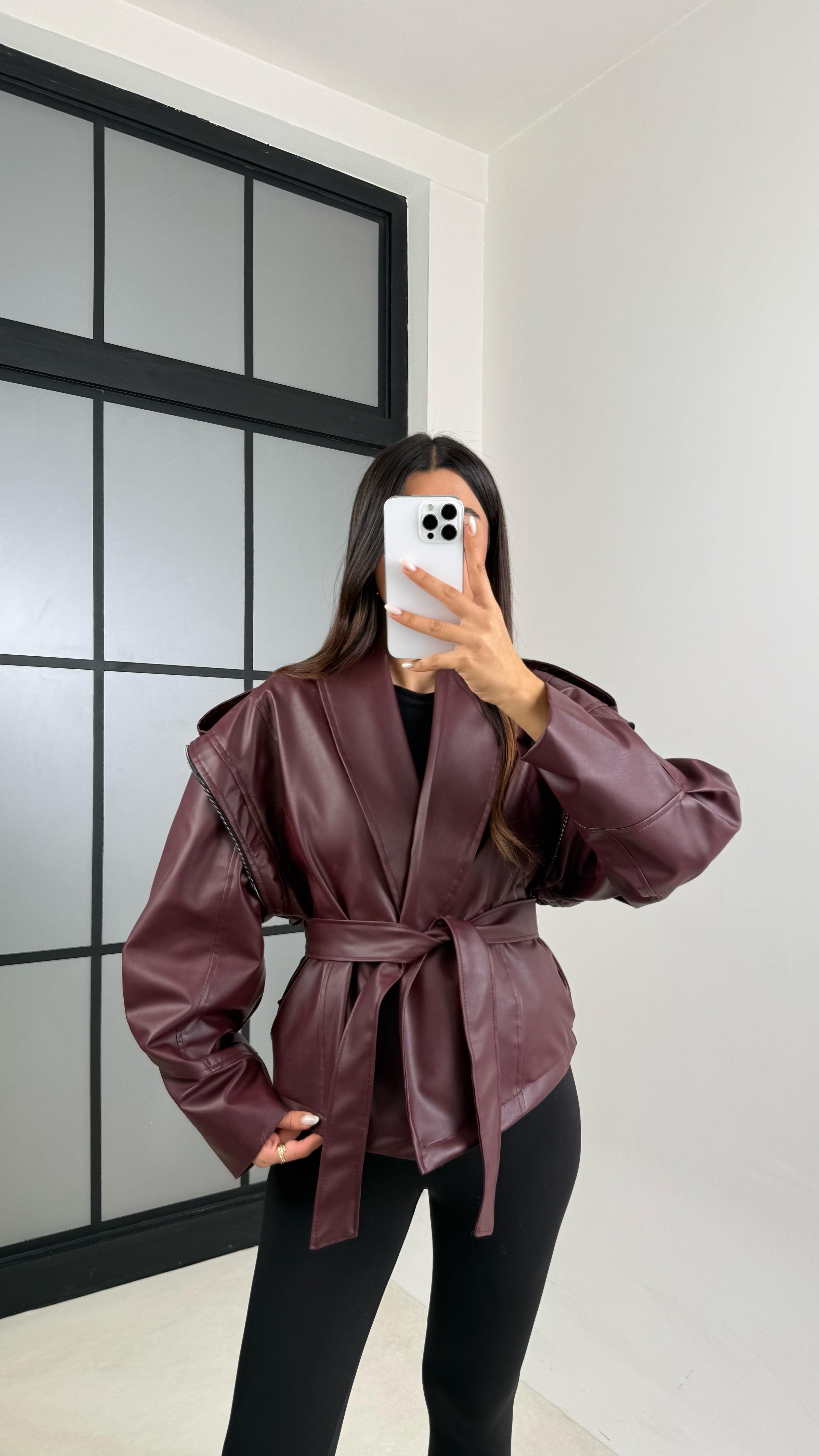 Bordo Fermuar Detaylı Astarlı Kuşaklı Tasarım Deri Ceket GAUS-00599GAUS السترات  GAUS-00599