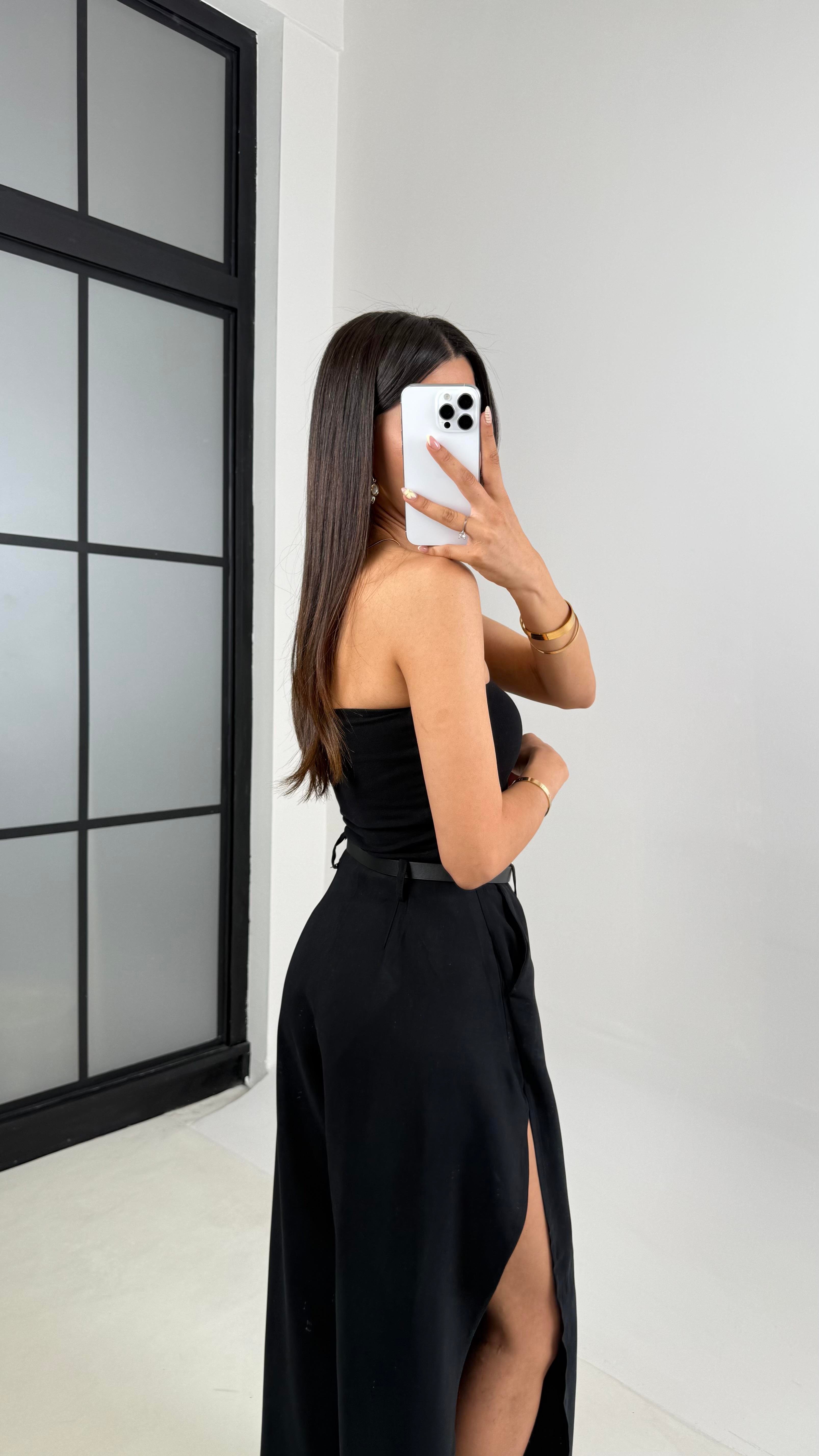 Siyah Yan Yırtmaçlı Kemerli Tencel Pantolon Gaus00639GausPANTOLONGU1002488