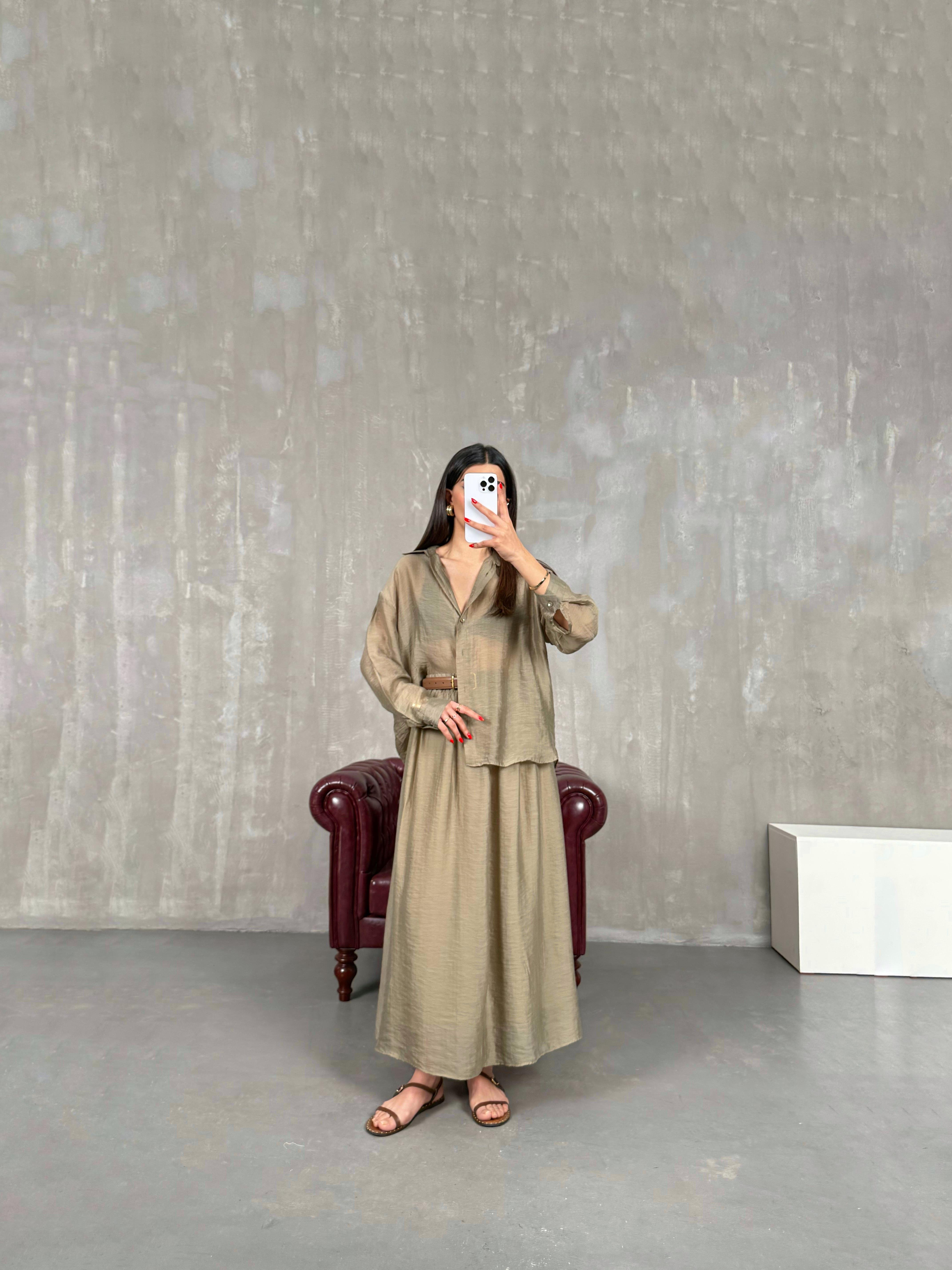 Haki Gömlek Astarlı Beli Lastikli Etek Kırışık Tensel Takım Gaus00158GausTAKIMGU1001366