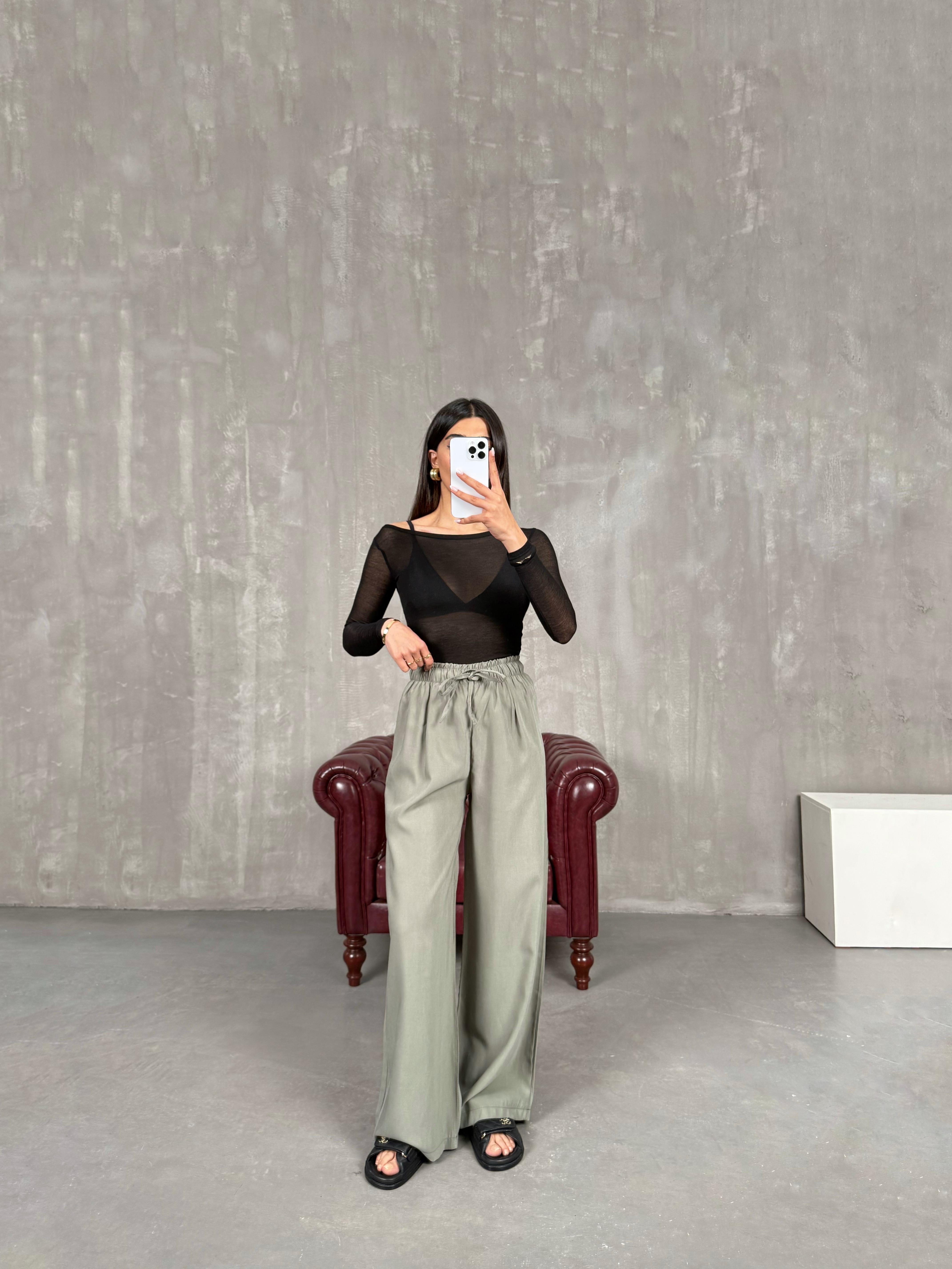 Haki Yüksek Bel İthal Kumaş Pantolon Gaus00271GausPANTOLONGU1001624