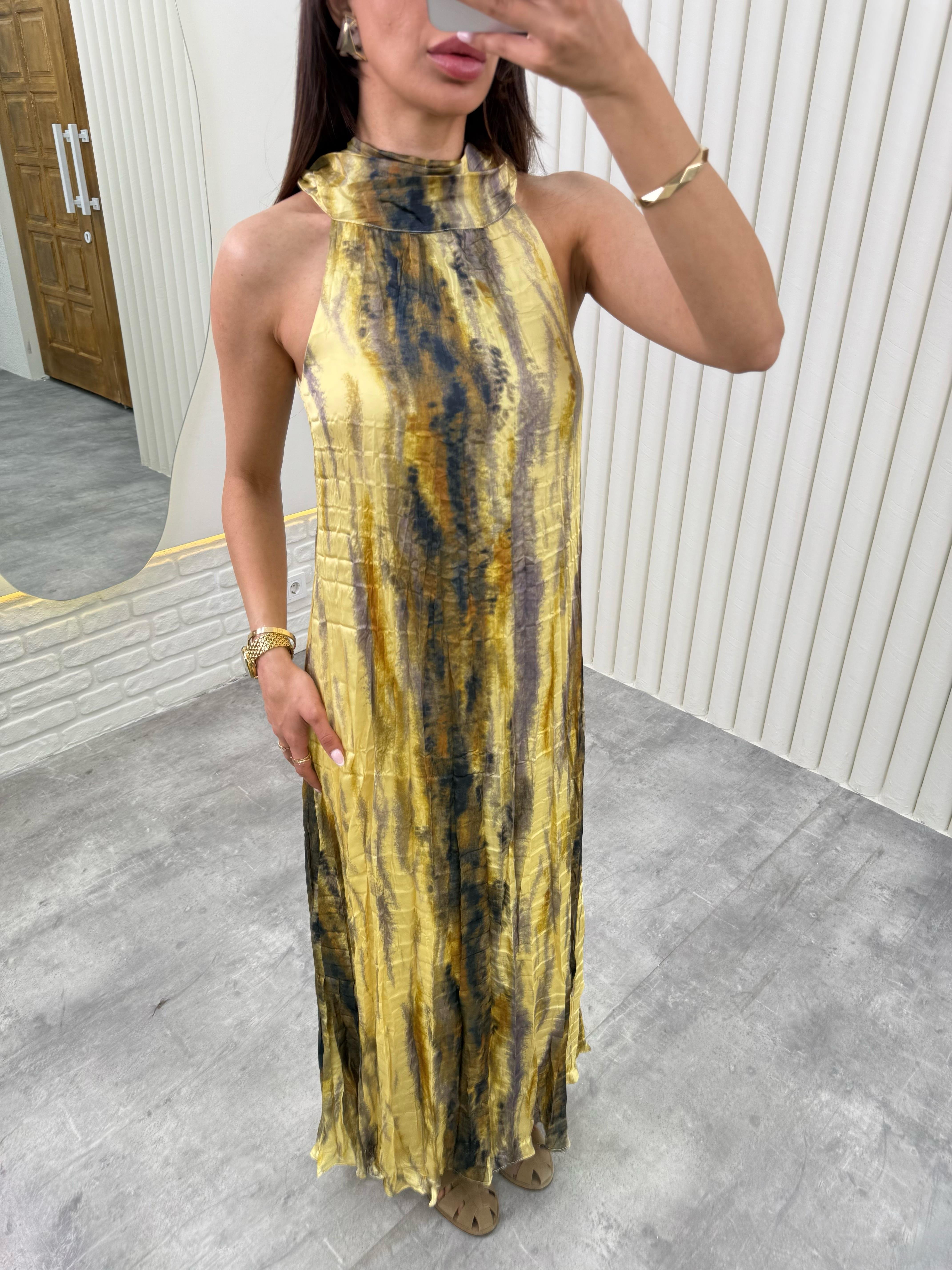 Sarı Renkli Astarlı Kırışık Elbise Gaus00313GausELBİSEGU1001719