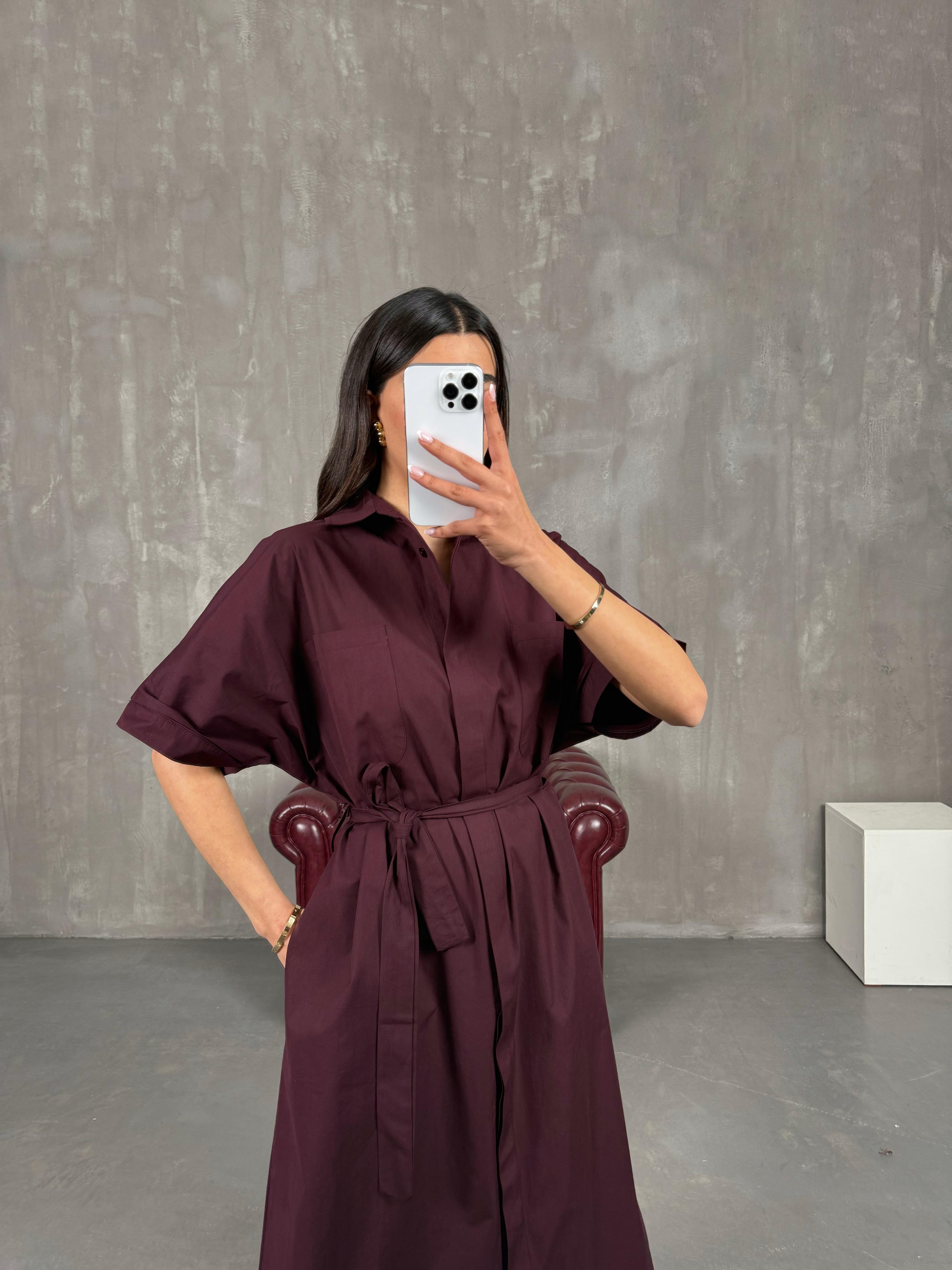 Bordo Cepli Önü Düğmeli Kuşaklı Elbise Gaus00257GausDressesGU1001595