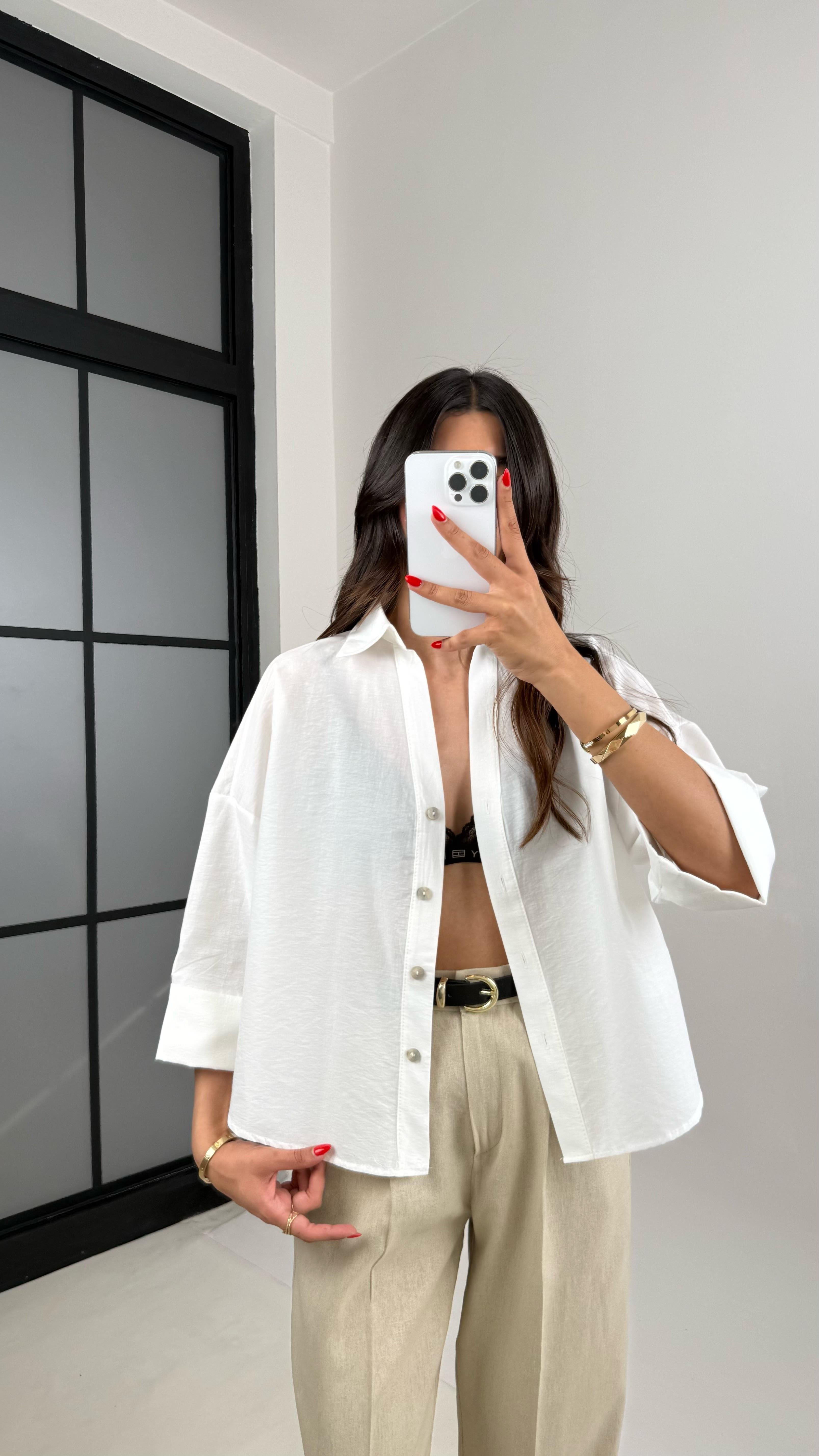 Beyaz Kol Katlamalı Tencel Gömlek Gaus00512GausGÖMLEKGU1002203