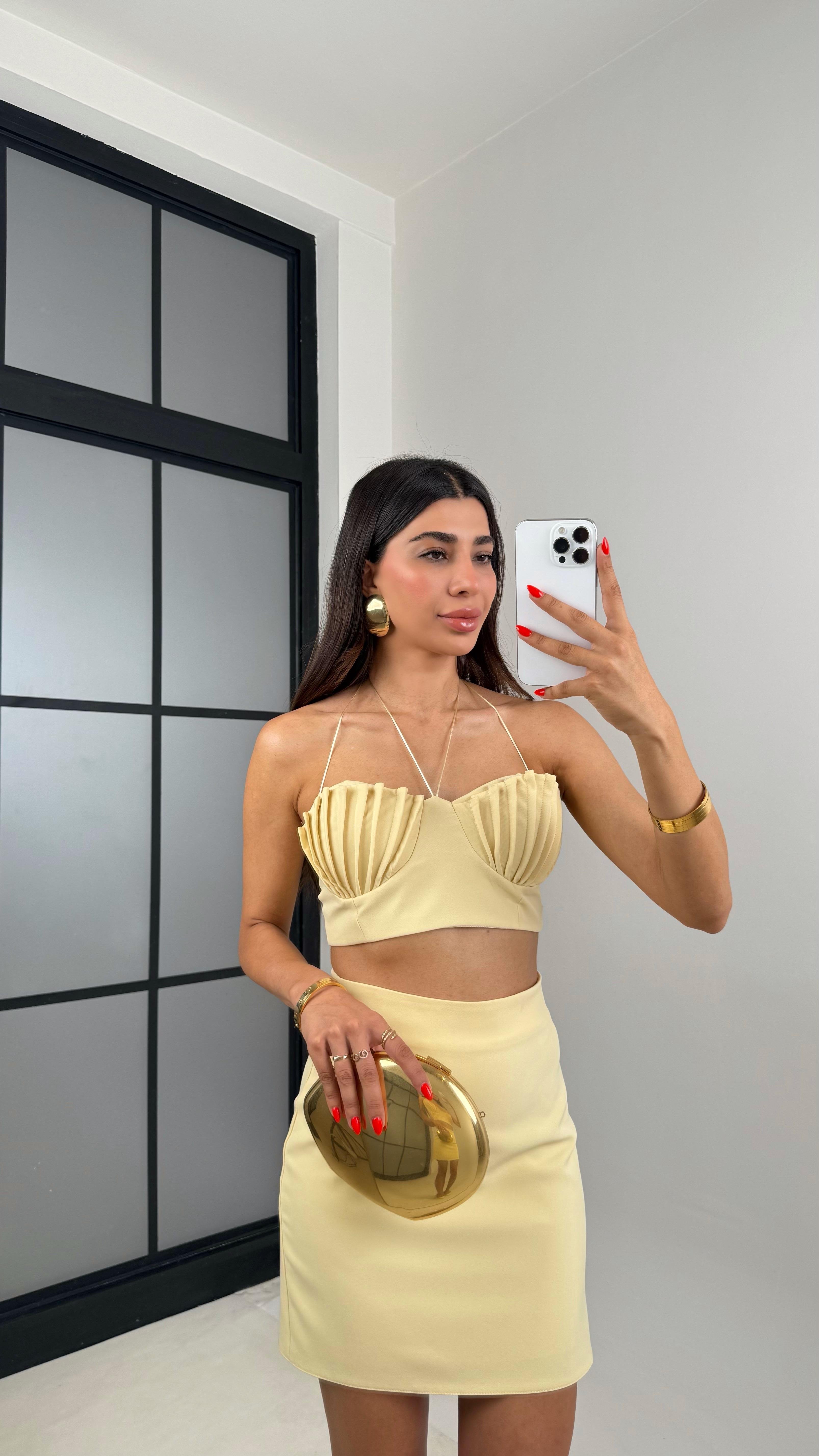 Sarı Boyundan Bağlamalı Crop Etek İkili Premium Tasarım Takım GAUS-0012GAUSTAKIMGAUS-0012