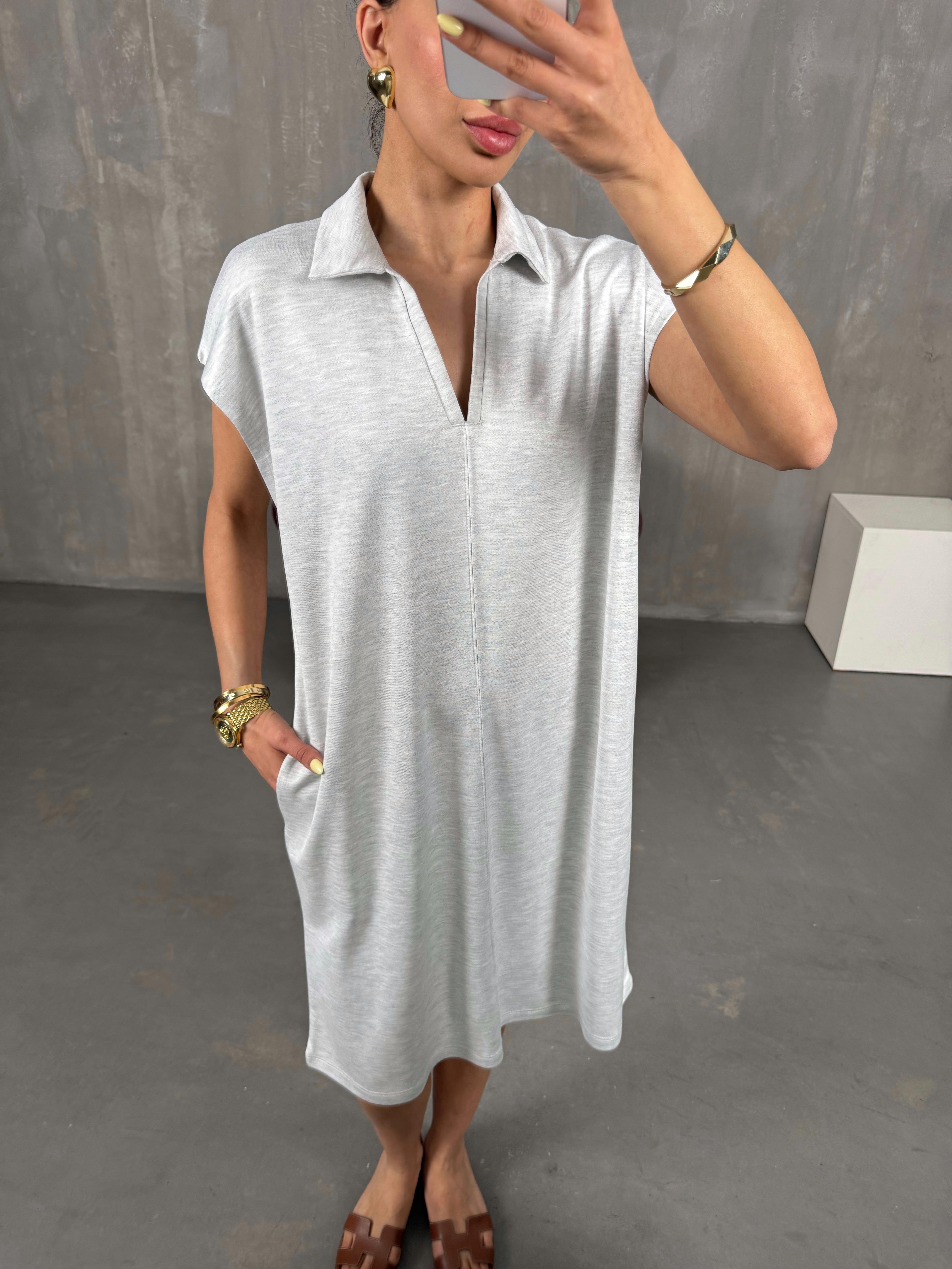 Gri V Polo Yaka Elbise Gaus00117GausELBİSEGU1001261