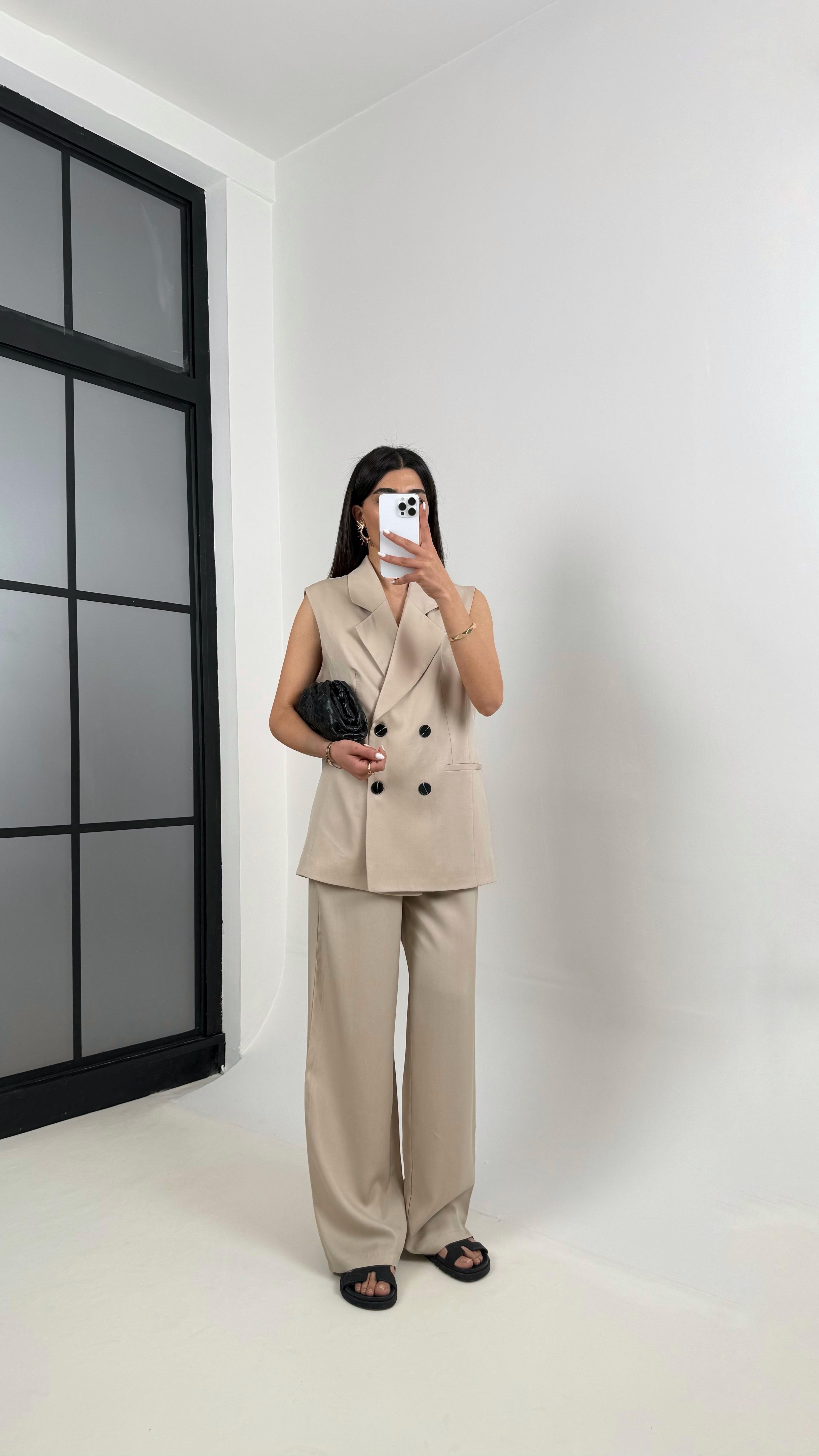 Taş  Önü Düğmeli Astarlı Yelek Beli Lastikli Pantolon Tencel Premium Takım Gaus00366GausTAKIMGU1001850