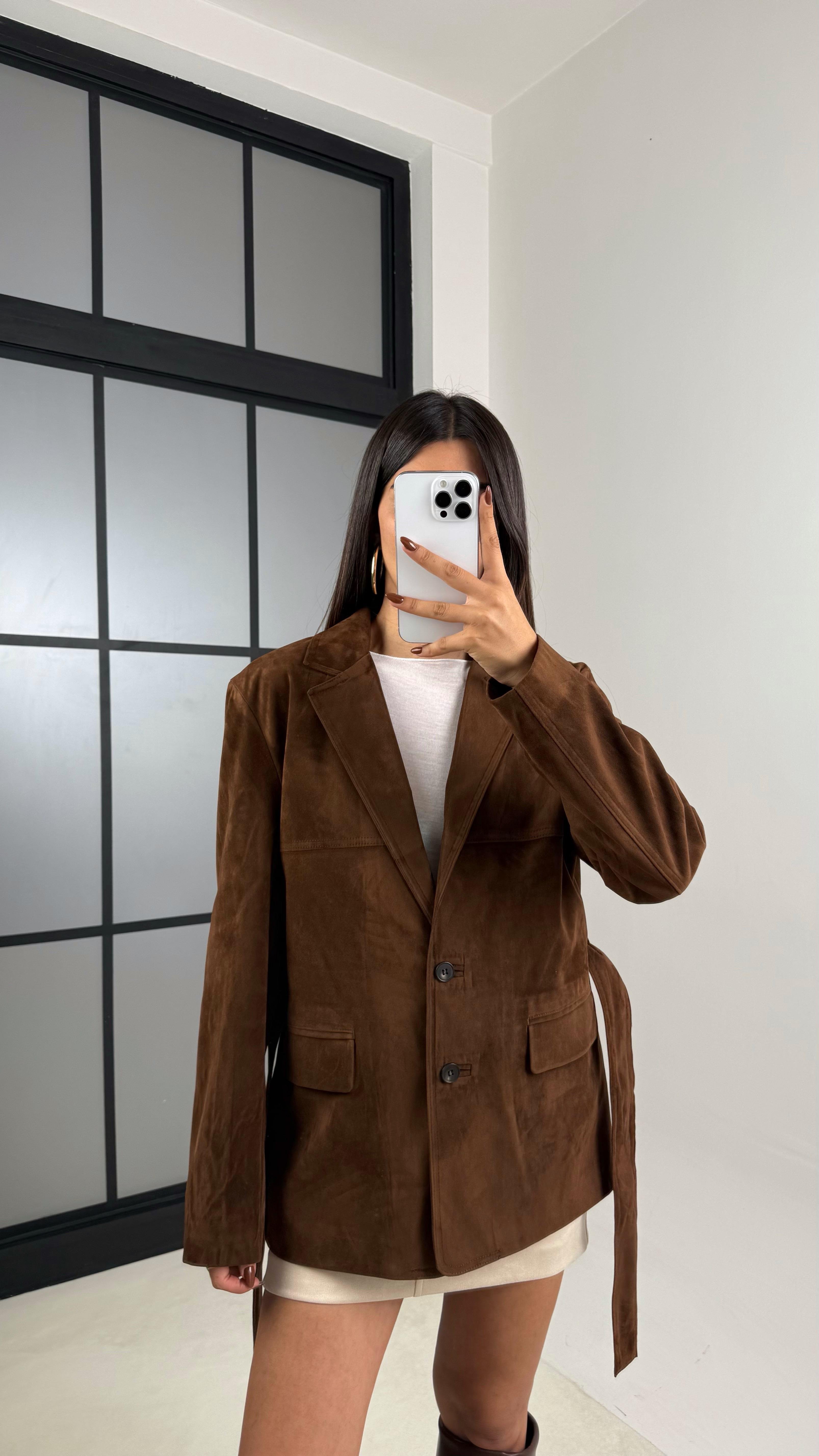 Kahve Astarlı Cep Detaylı Kuşaklı Süet Ceket GAUS-00168GAUS السترات  GAUS-00168