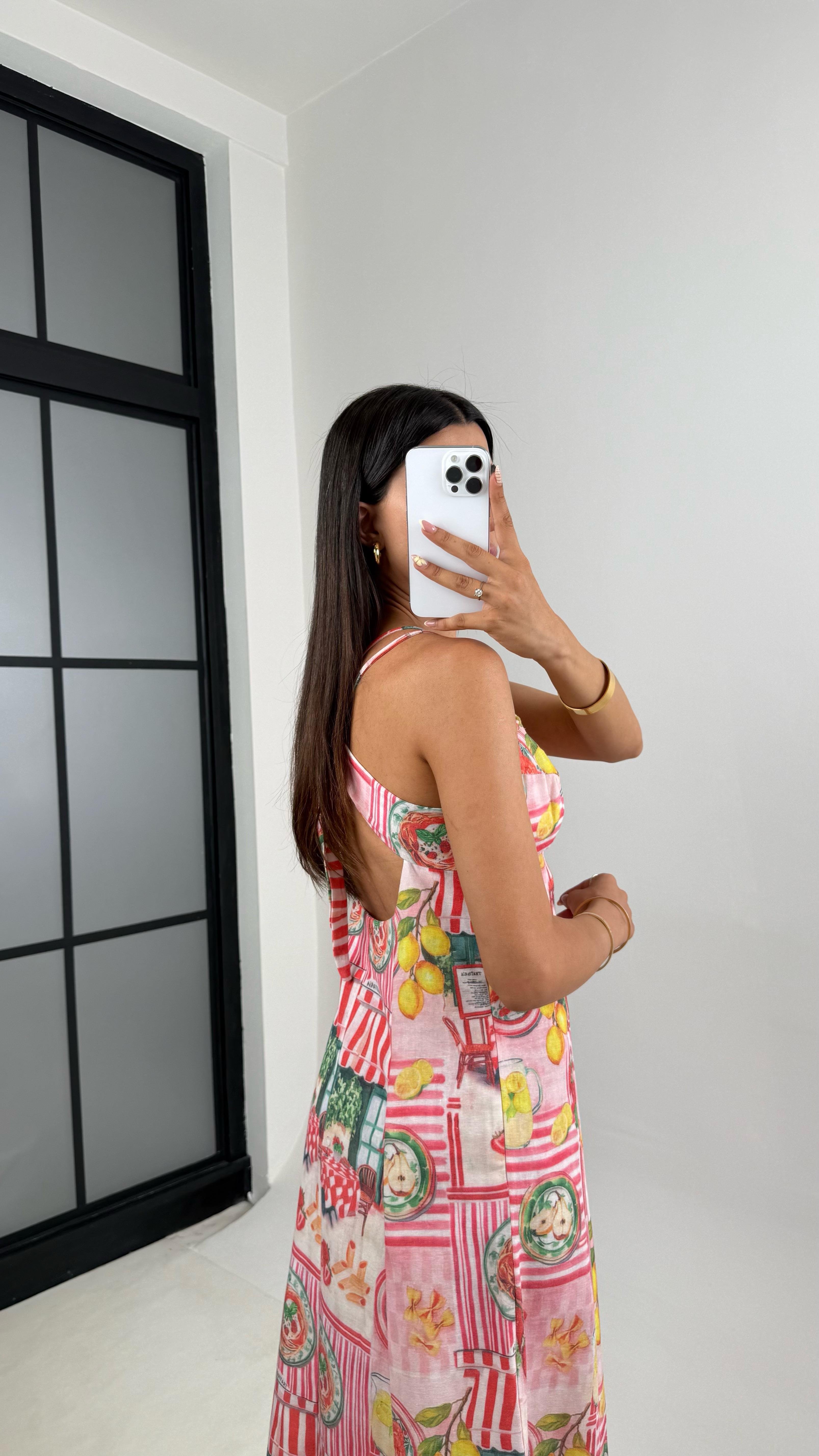 Pembe Desenli Önü Düğmeli Sırt Dekolteli Pinterest Keten Elbise Gaus00673GausELBİSEGU1002551