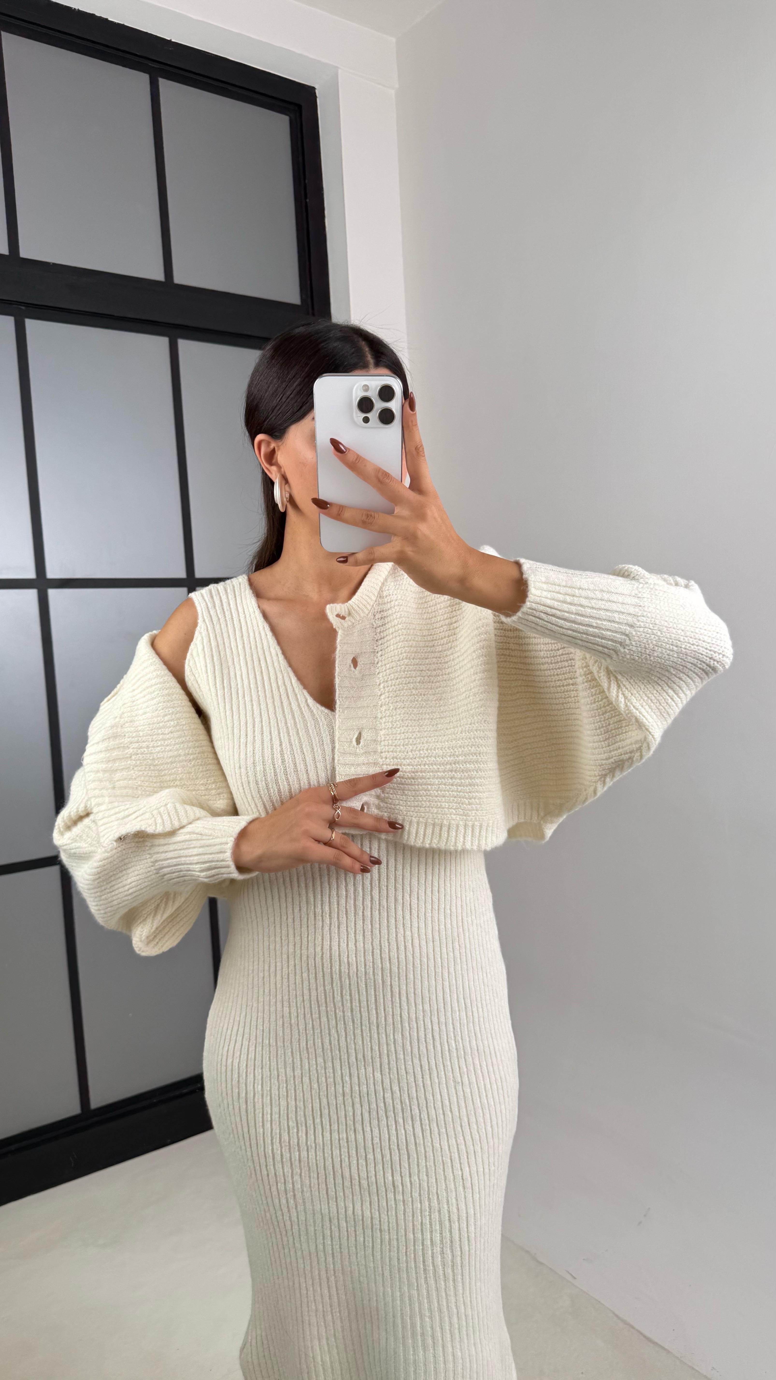 Ekru Hırka Askılı Elbise İkili Triko Takım GAUS-00185GAUSTAKIMGAUS-00185