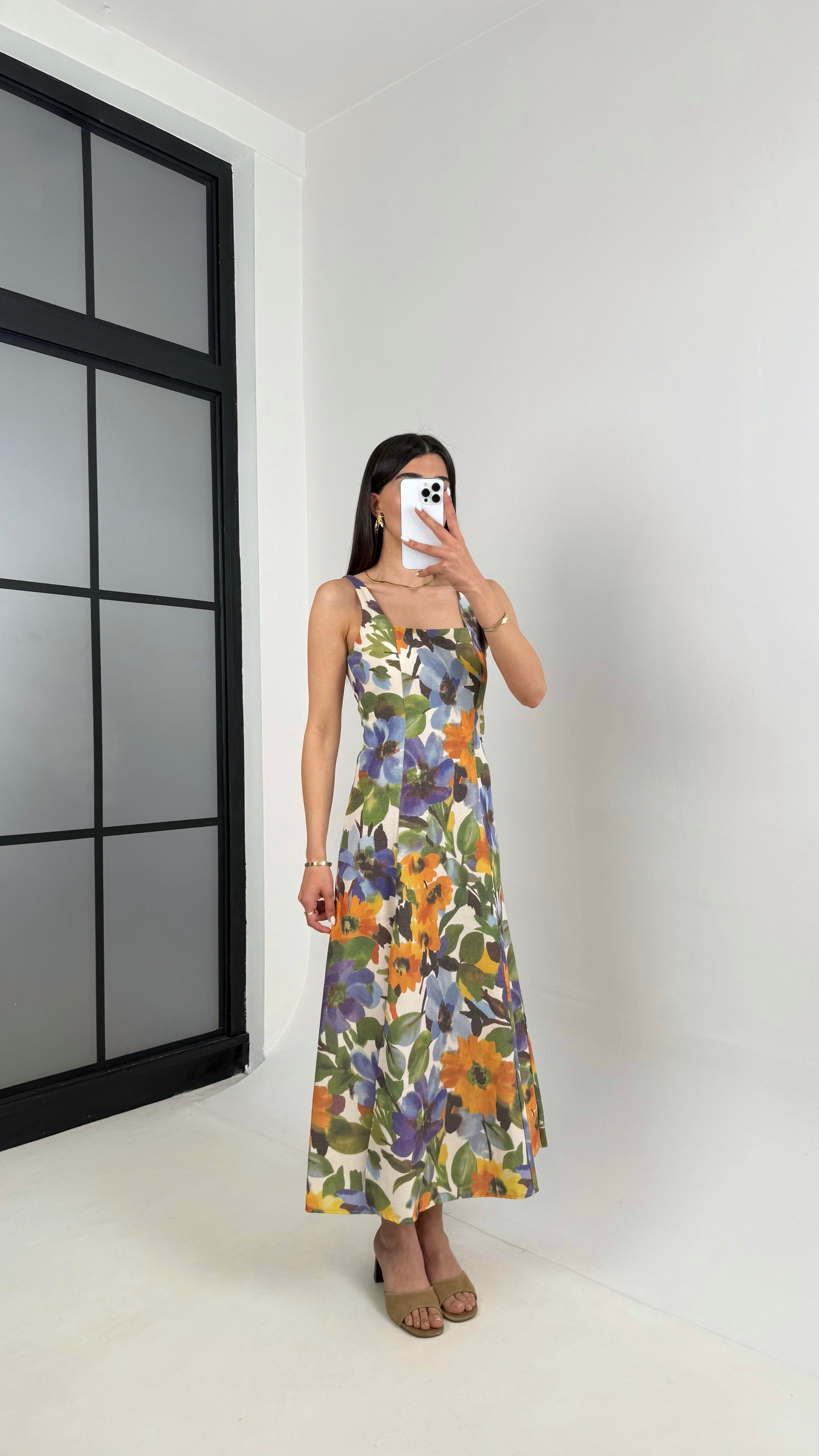 Haki Çiçek Desenli Yırtmaçlı Keten Elbise Gaus00443GausELBİSEGU1002033