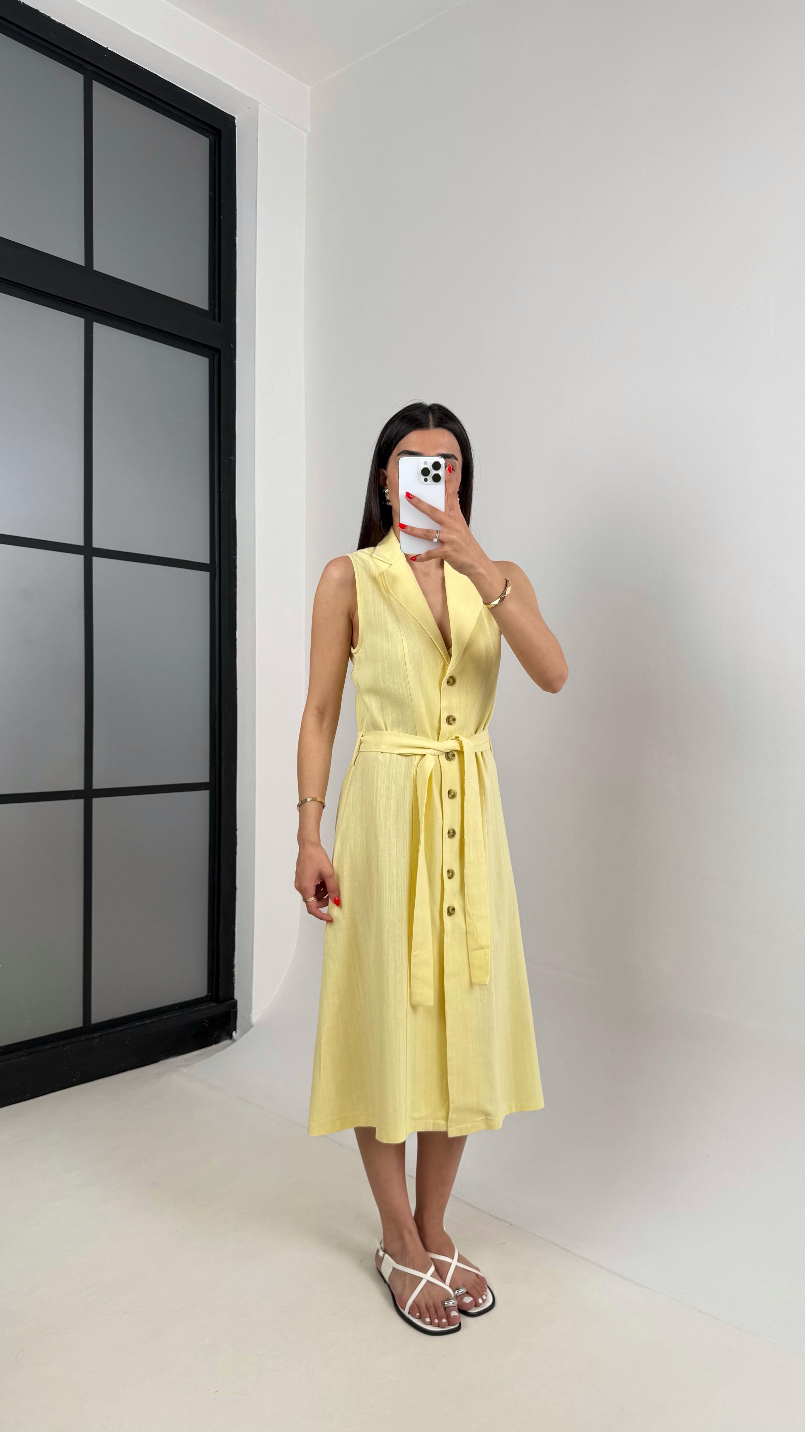 Sarı V Yaka Önü Düğmeli Kuşaklı Keten Elbise Gaus00461 GausELBİSEGU1002074